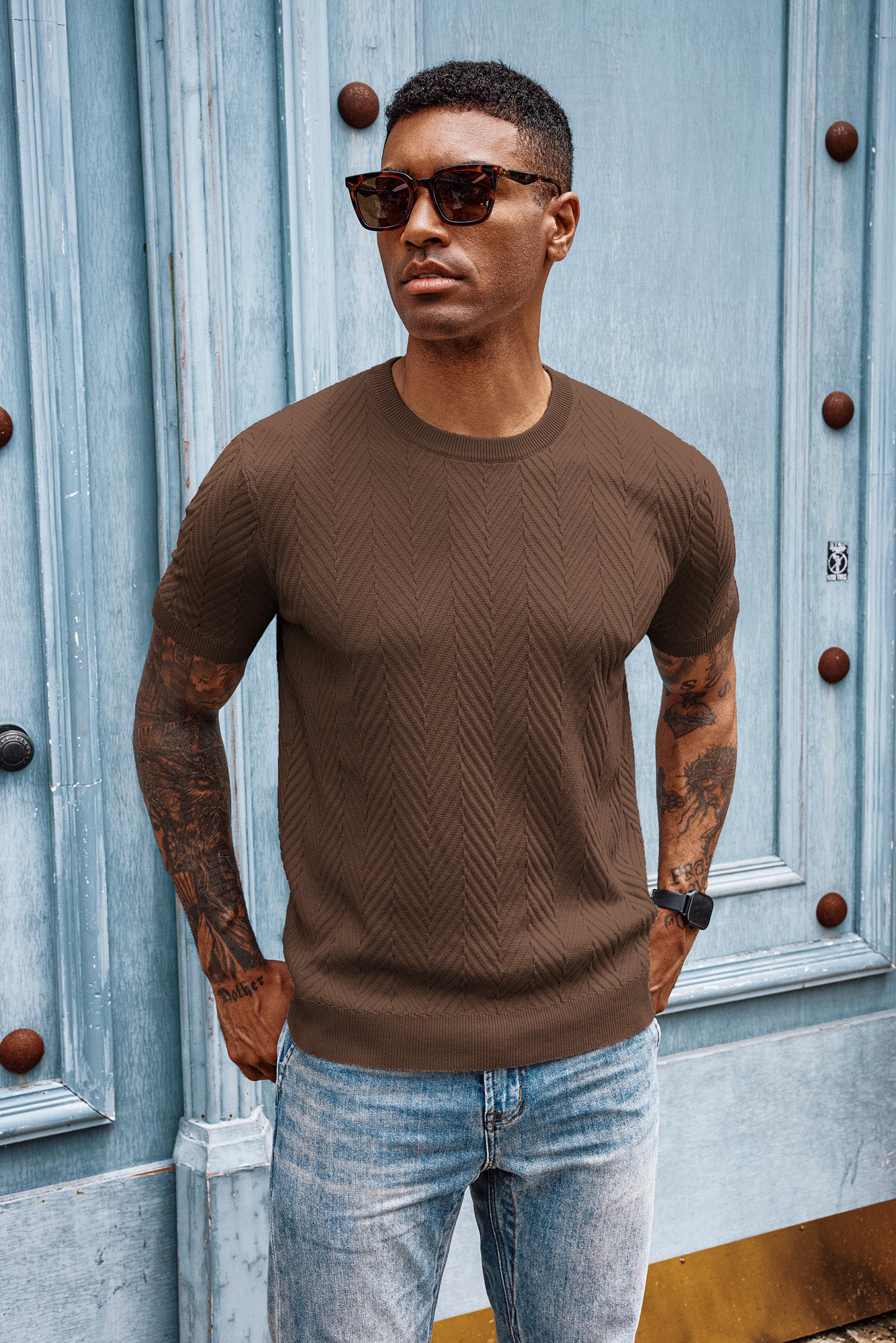 Men Herringbone Textured Sweater Short Sleeve Crew Neck Knitted T-Shirt - Image 15