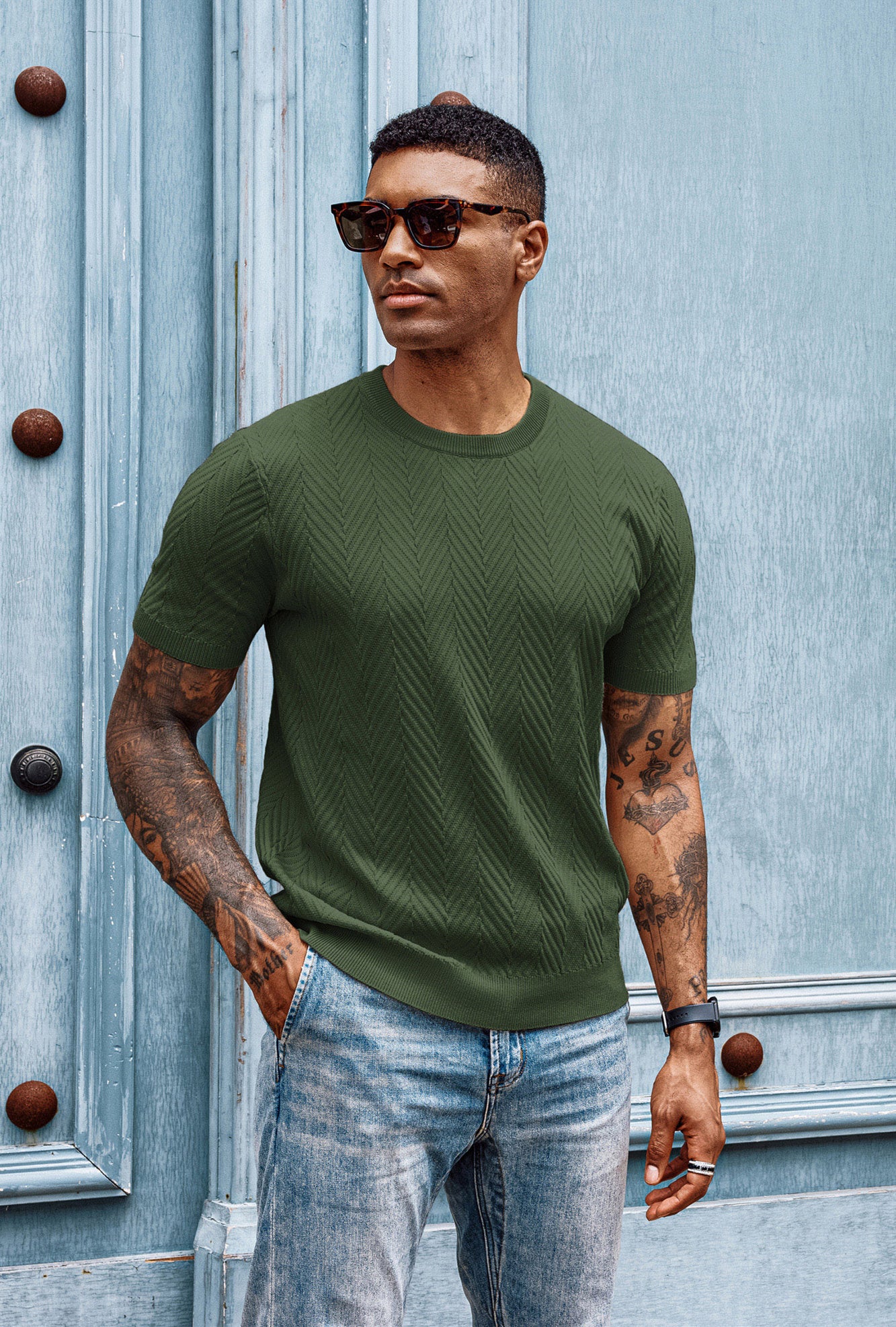 Men Herringbone Textured Sweater Short Sleeve Crew Neck Knitted T-Shirt - Image 32