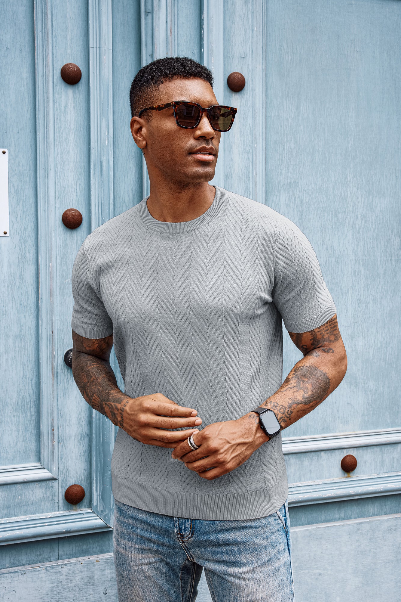 Men Herringbone Textured Sweater Short Sleeve Crew Neck Knitted T-Shirt - Image 37