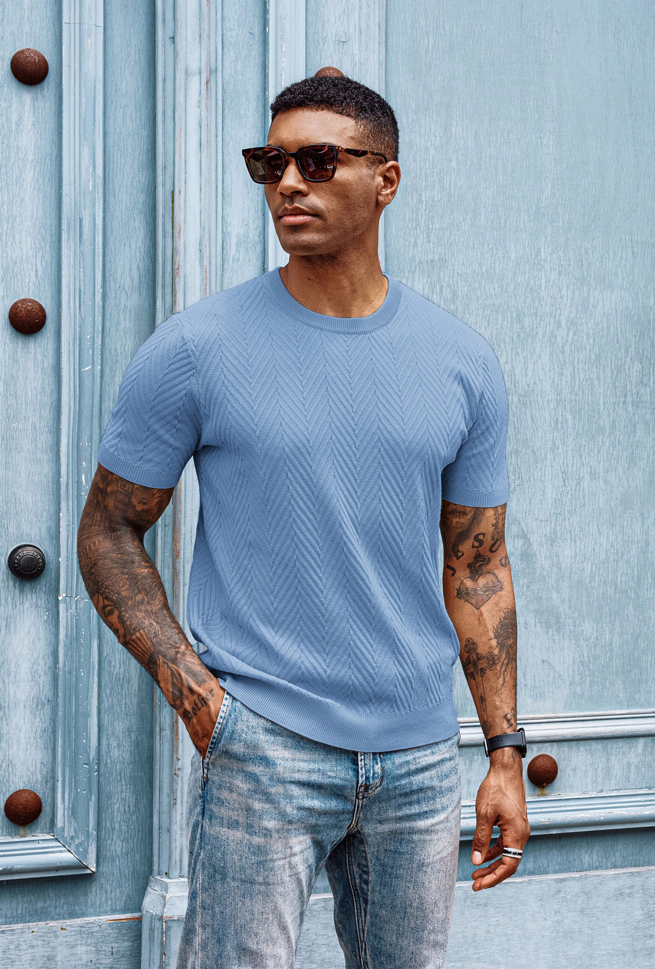 Men Herringbone Textured Sweater Short Sleeve Crew Neck Knitted T-Shirt - Image 42