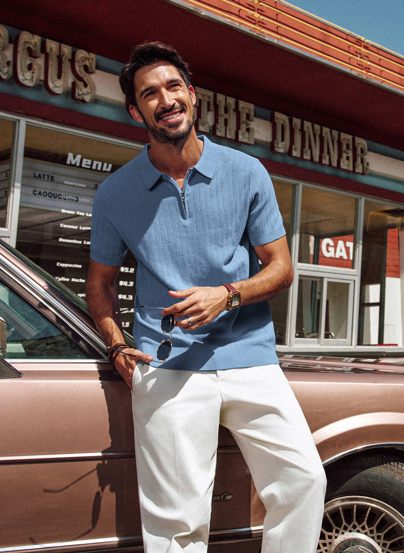 Men Herringbone Textured Tops Short Sleeve Lapel Collar Zip-up Neck Knitwear - Image 18