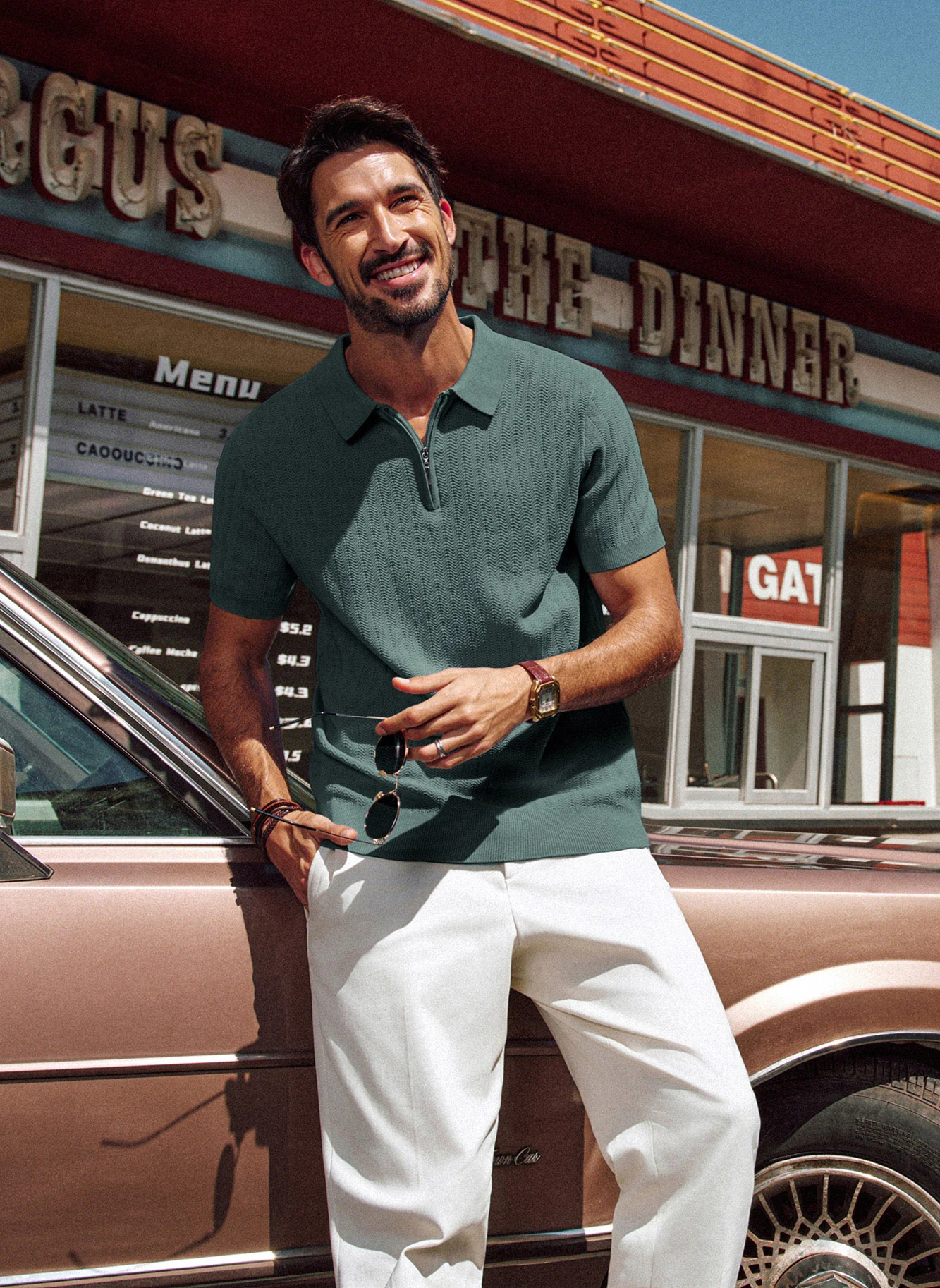 Men Herringbone Textured Tops Short Sleeve Lapel Collar Zip-up Neck Knitwear - Image 42