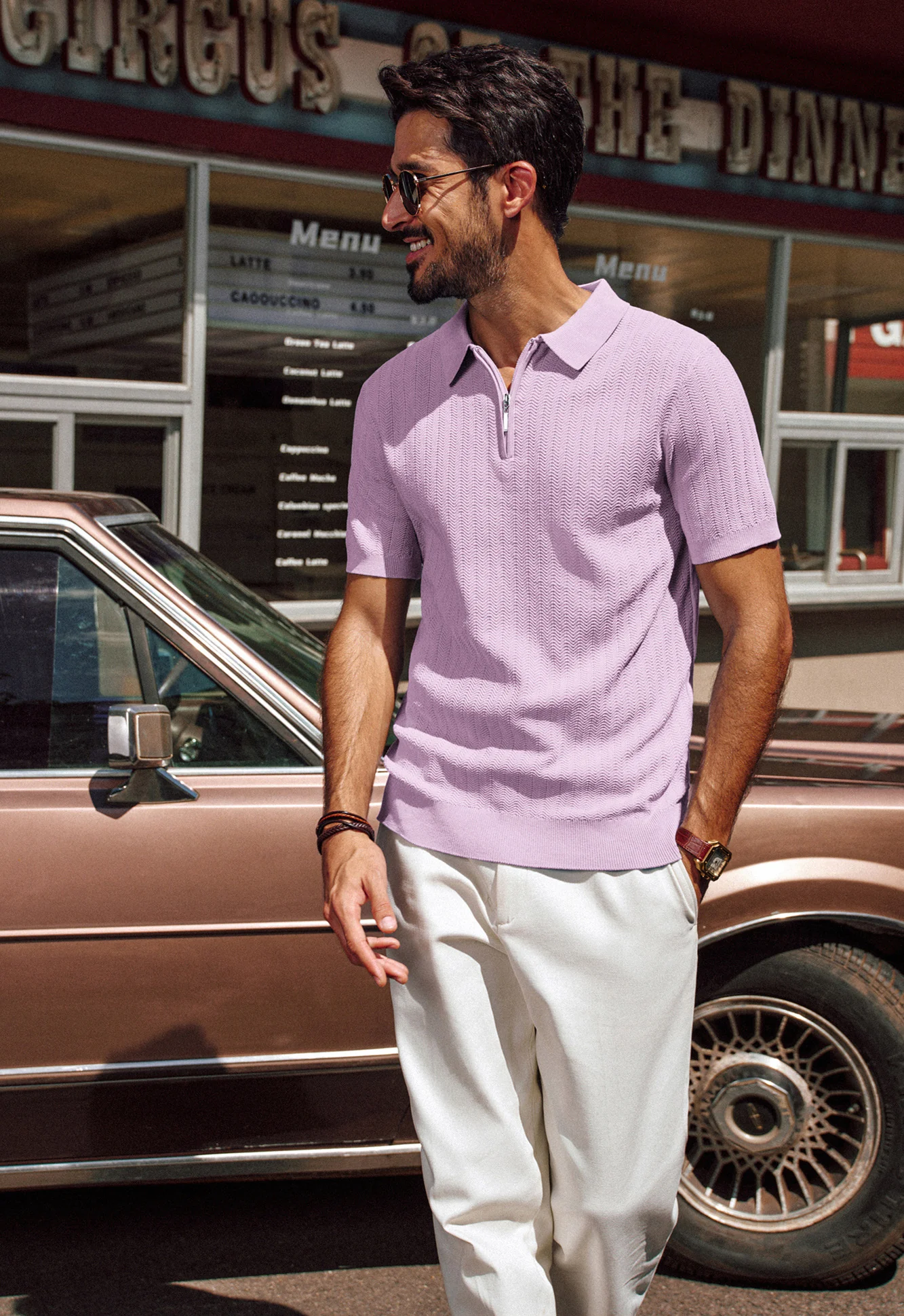Men Herringbone Textured Tops Short Sleeve Lapel Collar Zip-up Neck Knitwear - Image 48