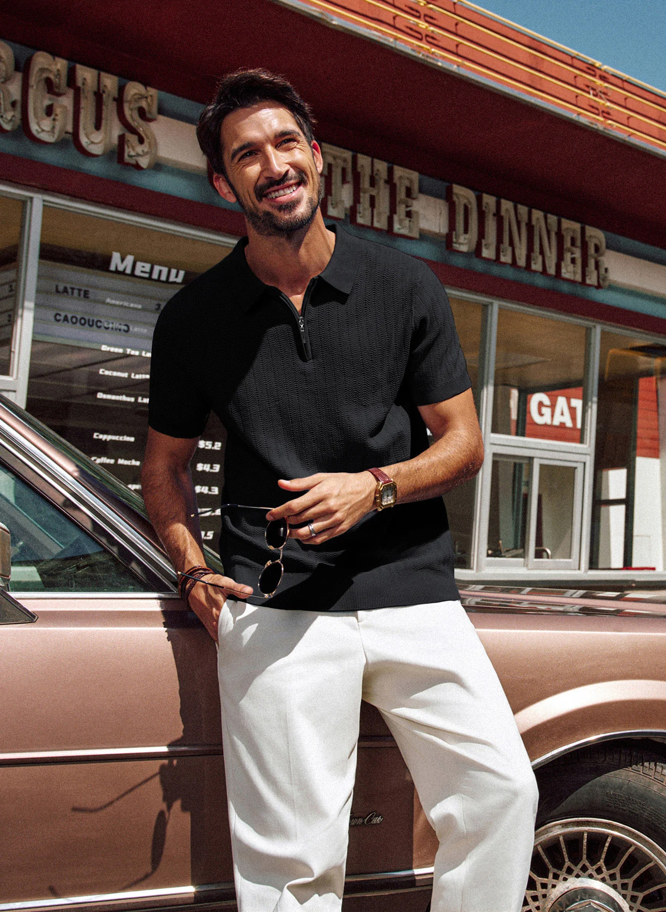 Men Herringbone Textured Tops Short Sleeve Lapel Collar Zip-up Neck Knitwear - Image 6