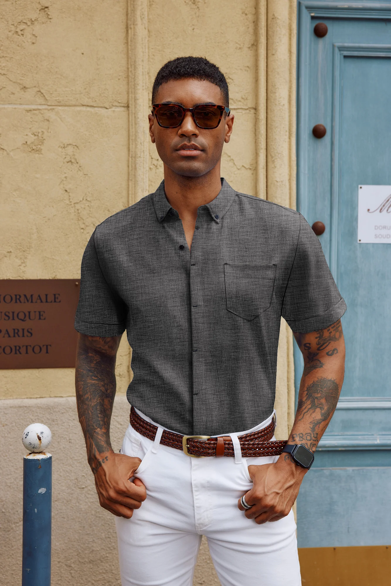 Men Hidden Placket Shirt Short Sleeve Lapel Collar Button-up Tops - Image 15