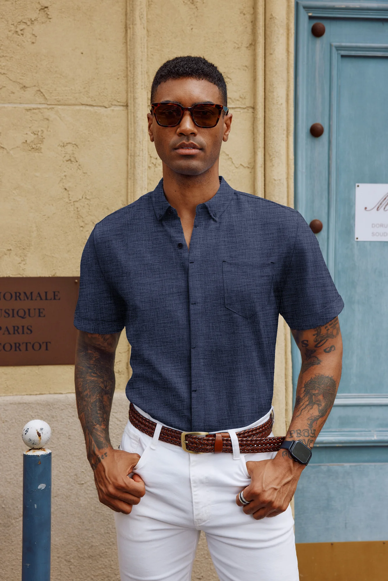 Men Hidden Placket Shirt Short Sleeve Lapel Collar Button-up Tops - Image 2