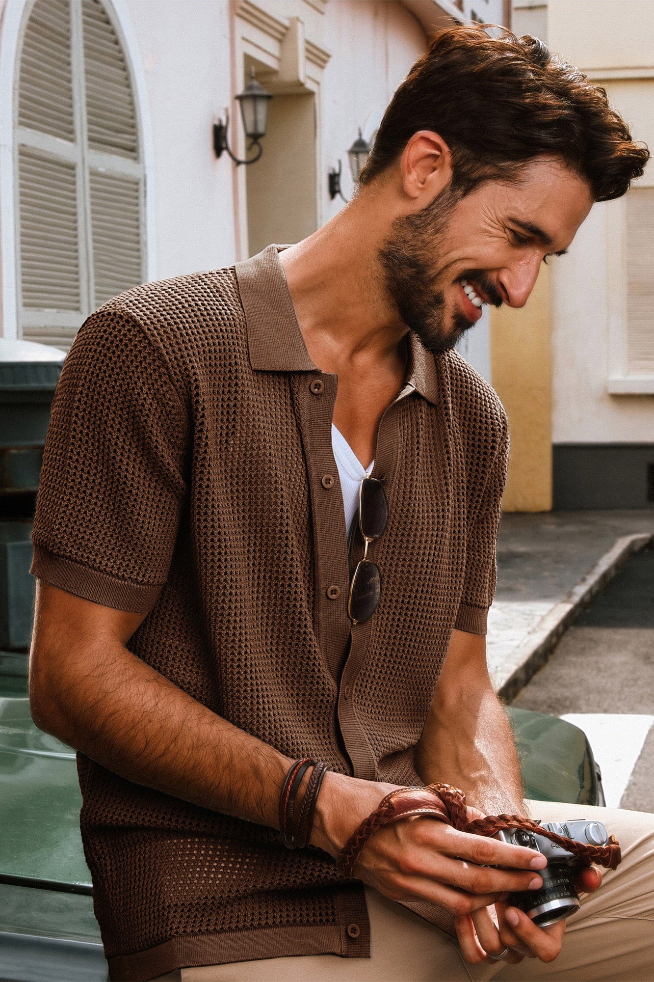 Men Hollowed-out Cardigan Short Sleeve Lapel Collar Button-up Knitwear - Image 10