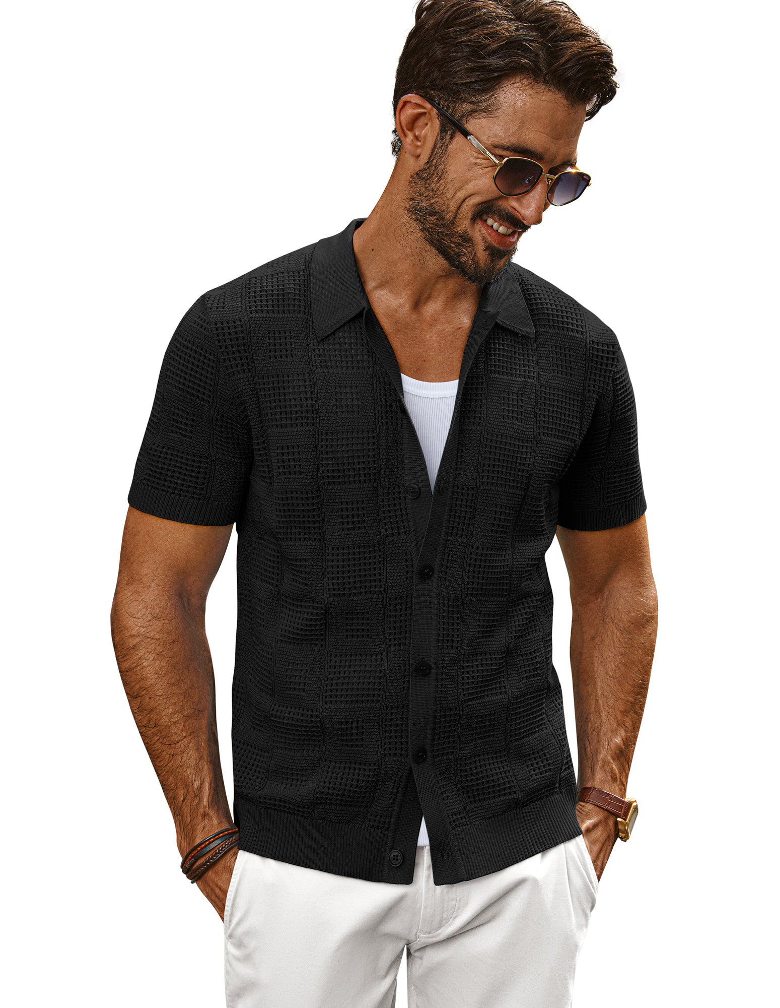 Men Hollowed-out Cardigan Short Sleeve Lapel Collar Button-up Sweater Tops - Image 11