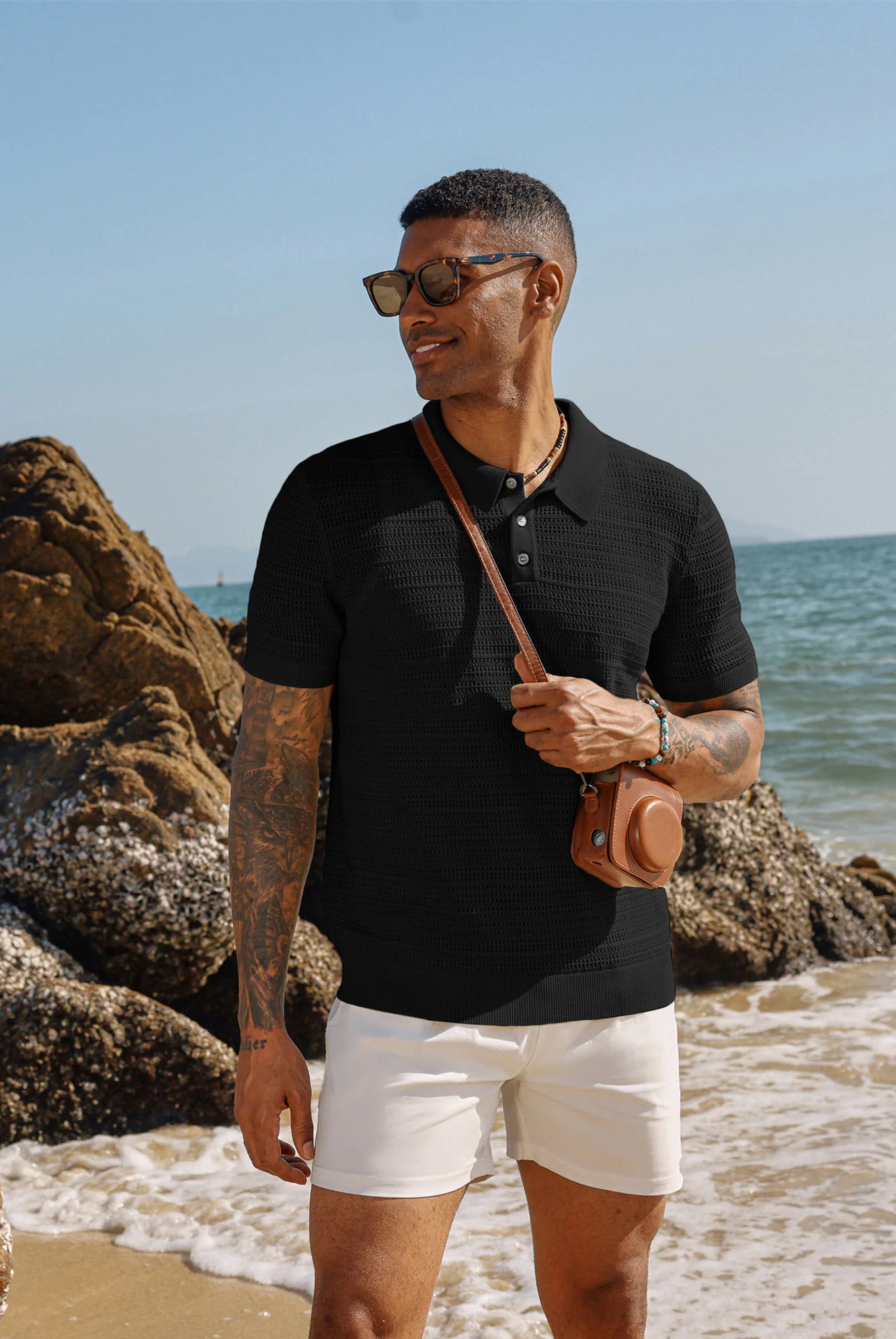 Men's Hollow Out Polo Shirt Short Sleeve Knit Casual Lightweight Tops - Image 10