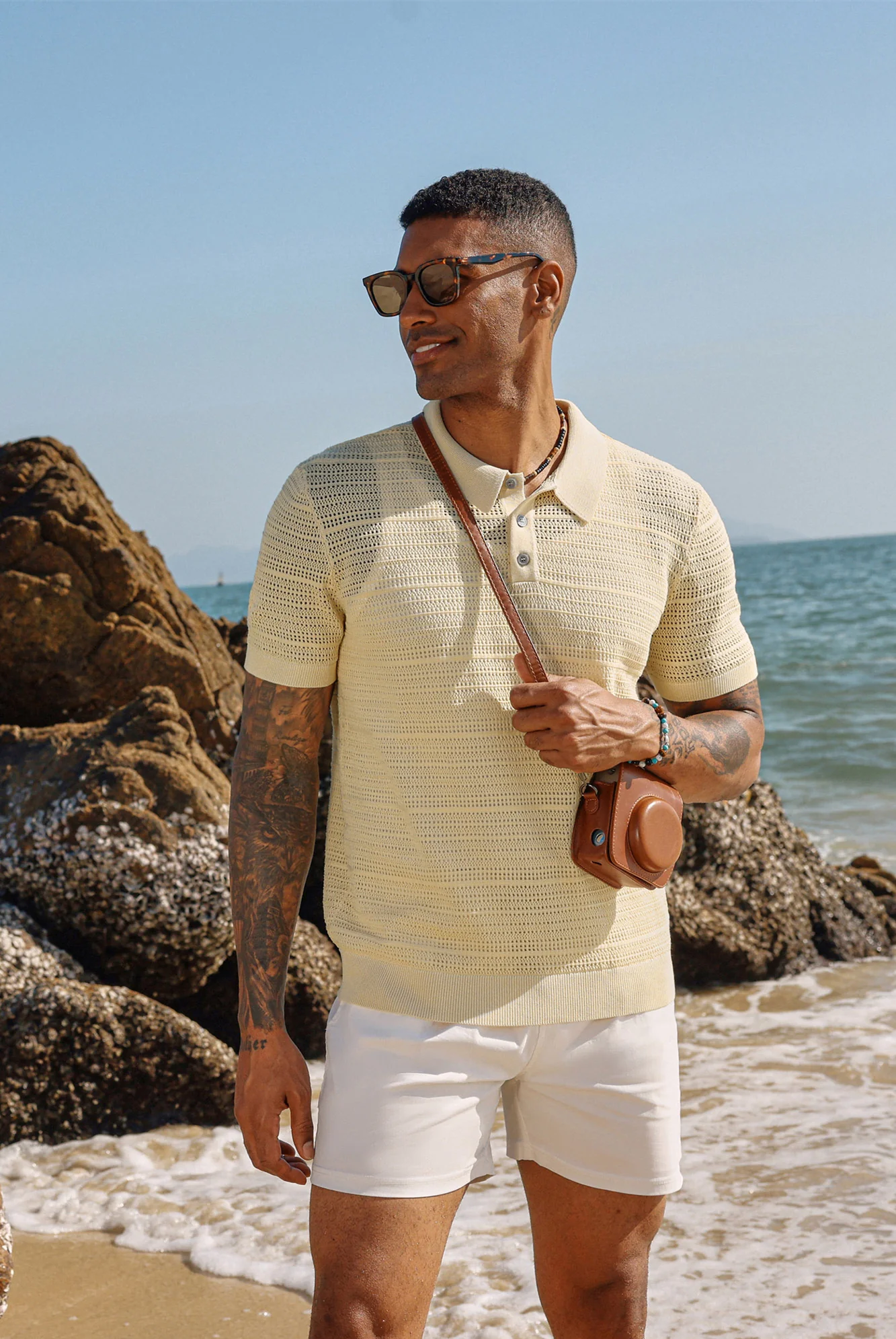 Men's Hollow Out Polo Shirt Short Sleeve Knit Casual Lightweight Tops - Image 6