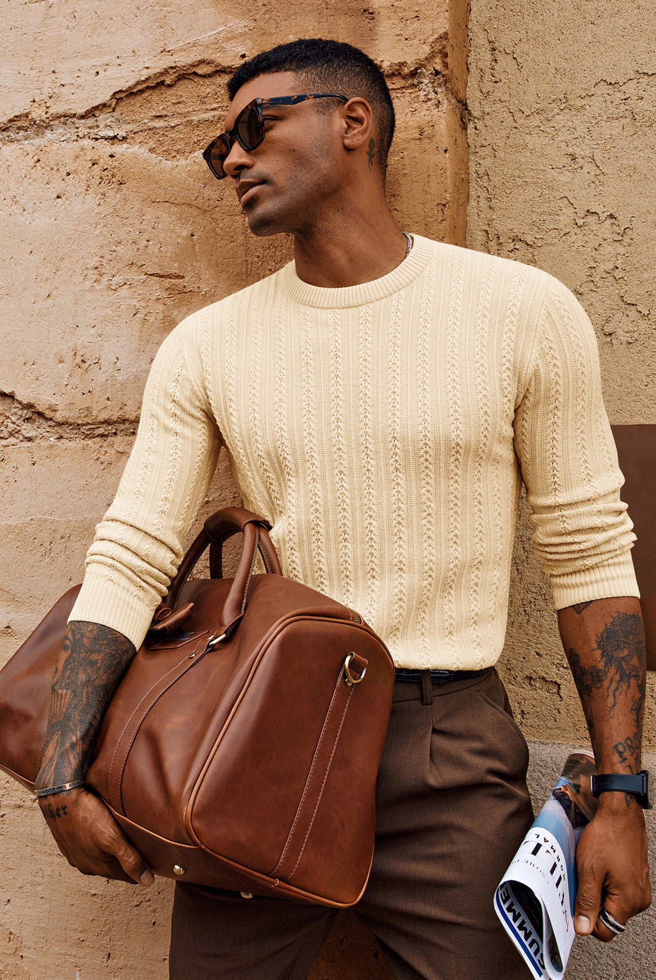 Men Hollowed-out Textured Sweater Long Sleeve Crew Neck Pullover Knitwear - Image 15