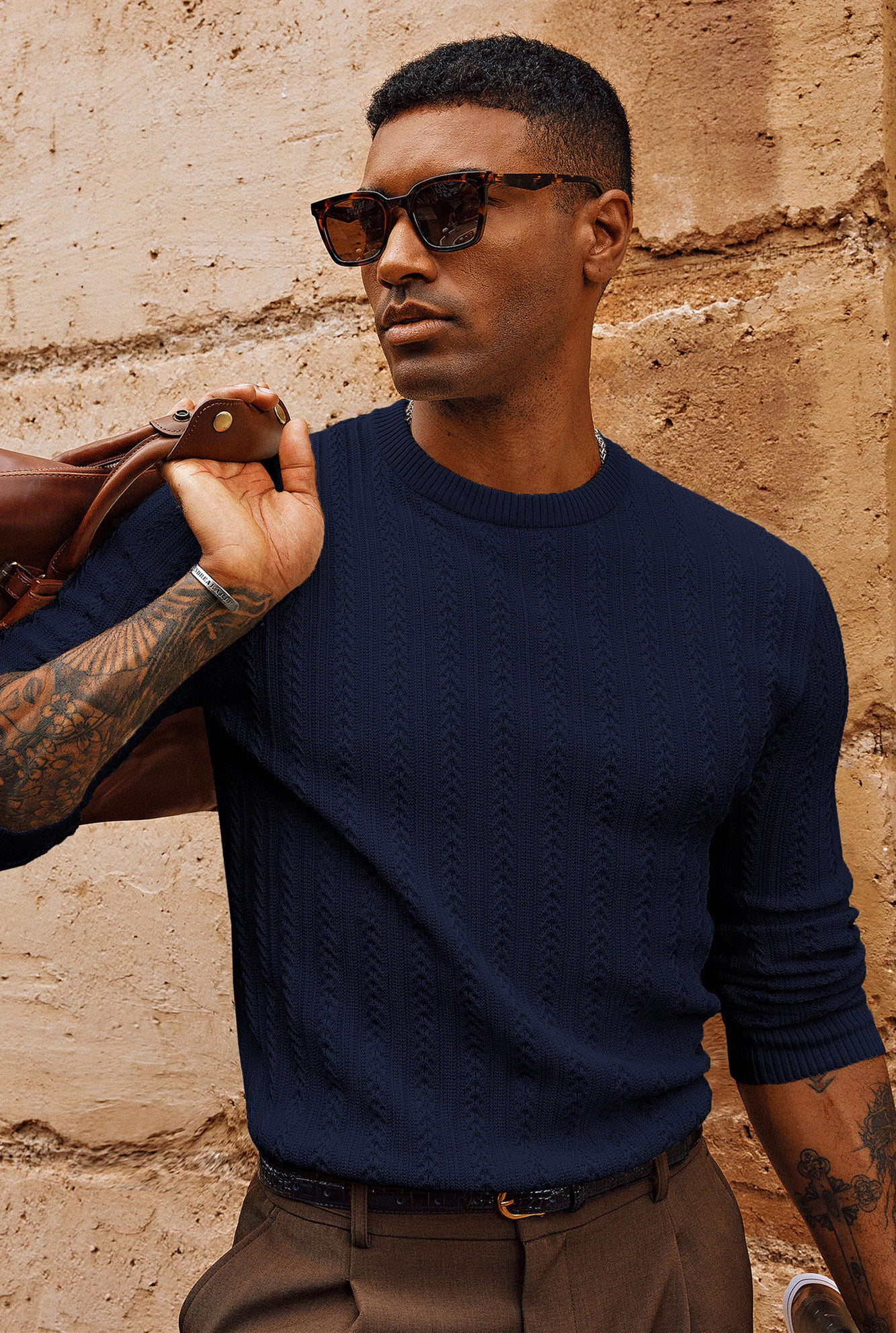 Men Hollowed-out Textured Sweater Long Sleeve Crew Neck Pullover Knitwear - Image 28