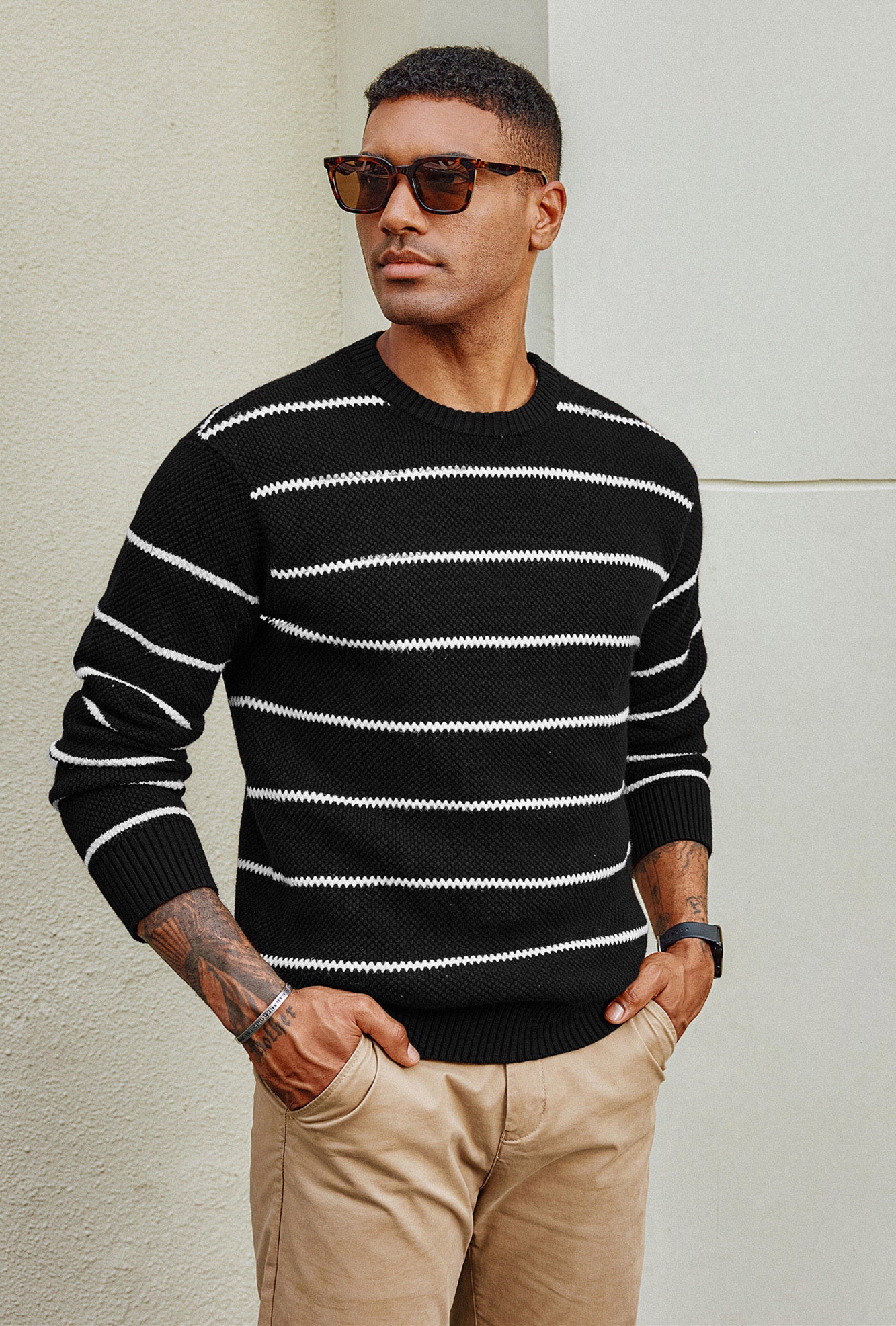 Men Honeycomb-Textured Sweater Long Sleeve Crew Neck Ribbed Cuff Pullover - Image 4