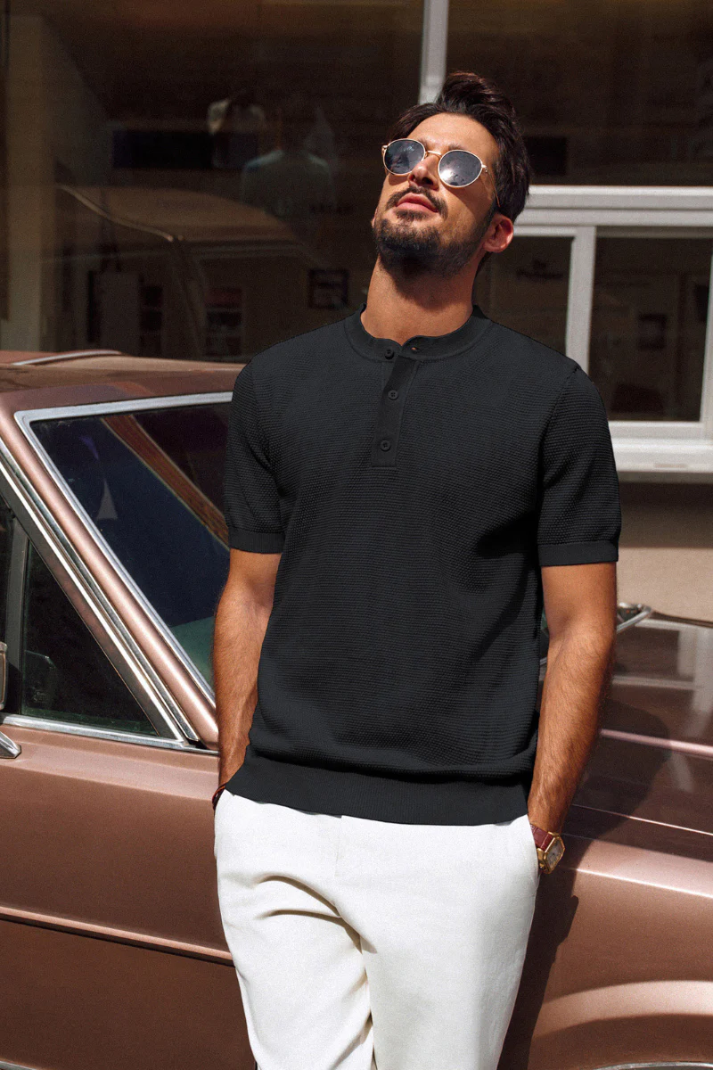Men Pineapple Textured Henley Shirt Short Sleeve Straight Knitted Tops - Image 10