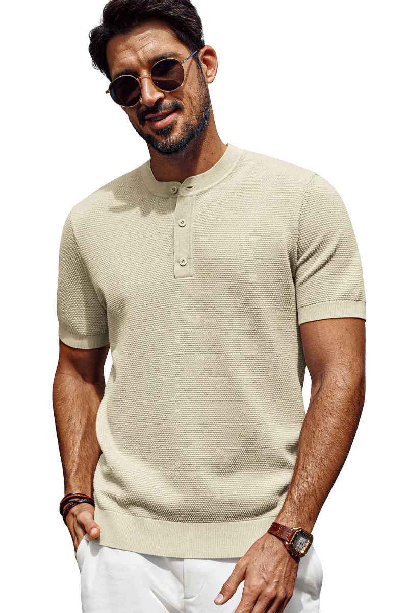 Men Pineapple Textured Henley Shirt Short Sleeve Straight Knitted Tops - Image 13