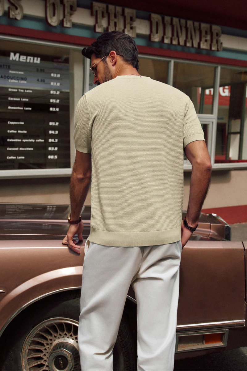 Men Pineapple Textured Henley Shirt Short Sleeve Straight Knitted Tops - Image 17