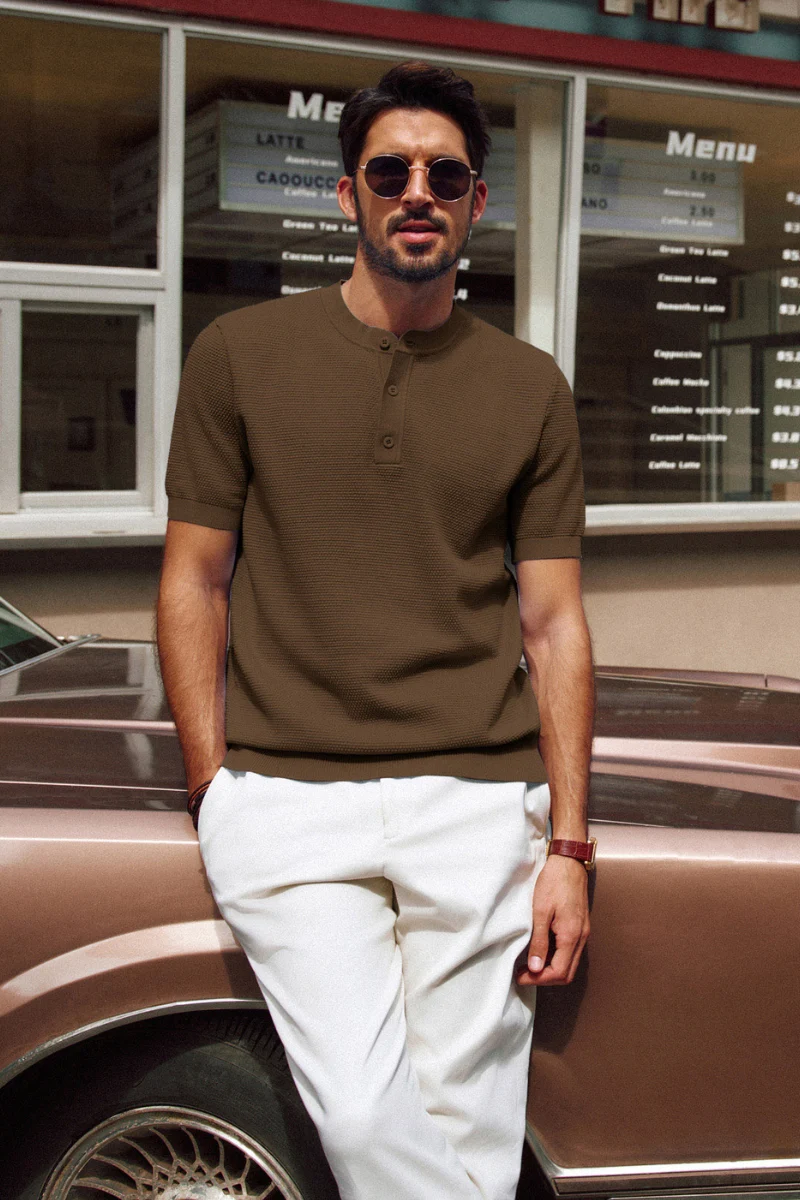 Men Pineapple Textured Henley Shirt Short Sleeve Straight Knitted Tops - Image 24