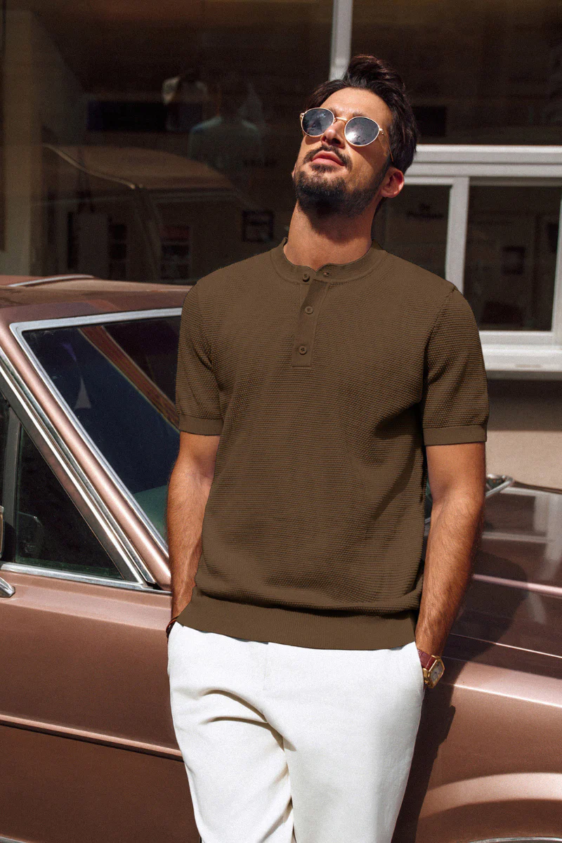 Men Pineapple Textured Henley Shirt Short Sleeve Straight Knitted Tops - Image 25