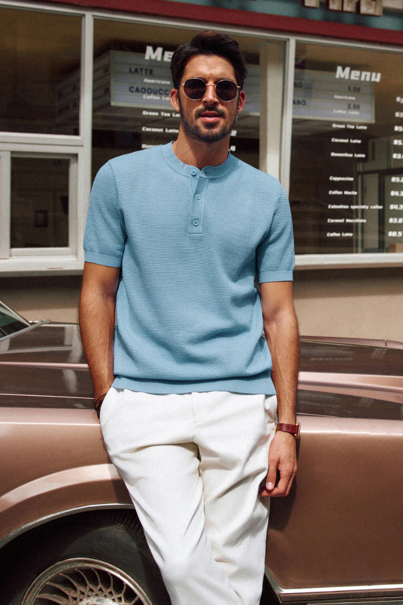 Men Pineapple Textured Henley Shirt Short Sleeve Straight Knitted Tops - Image 29