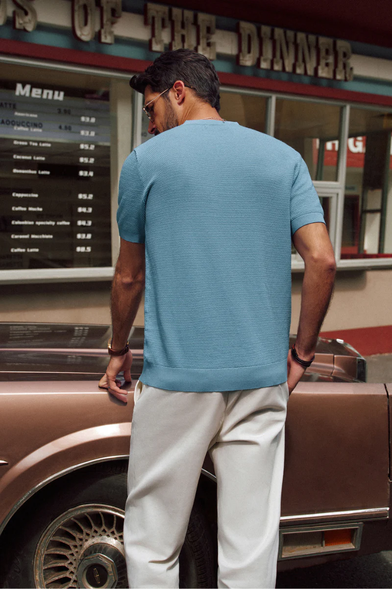 Men Pineapple Textured Henley Shirt Short Sleeve Straight Knitted Tops - Image 32