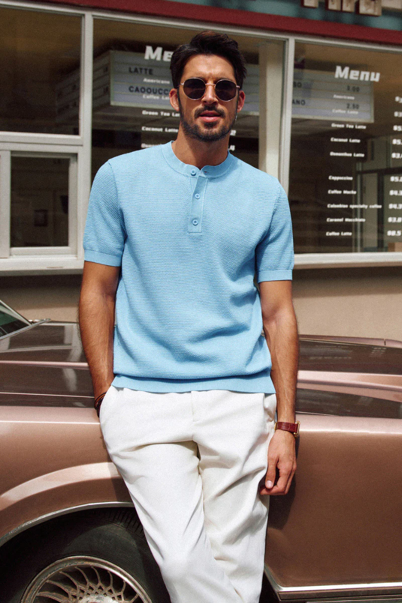 Men Pineapple Textured Henley Shirt Short Sleeve Straight Knitted Tops - Image 34