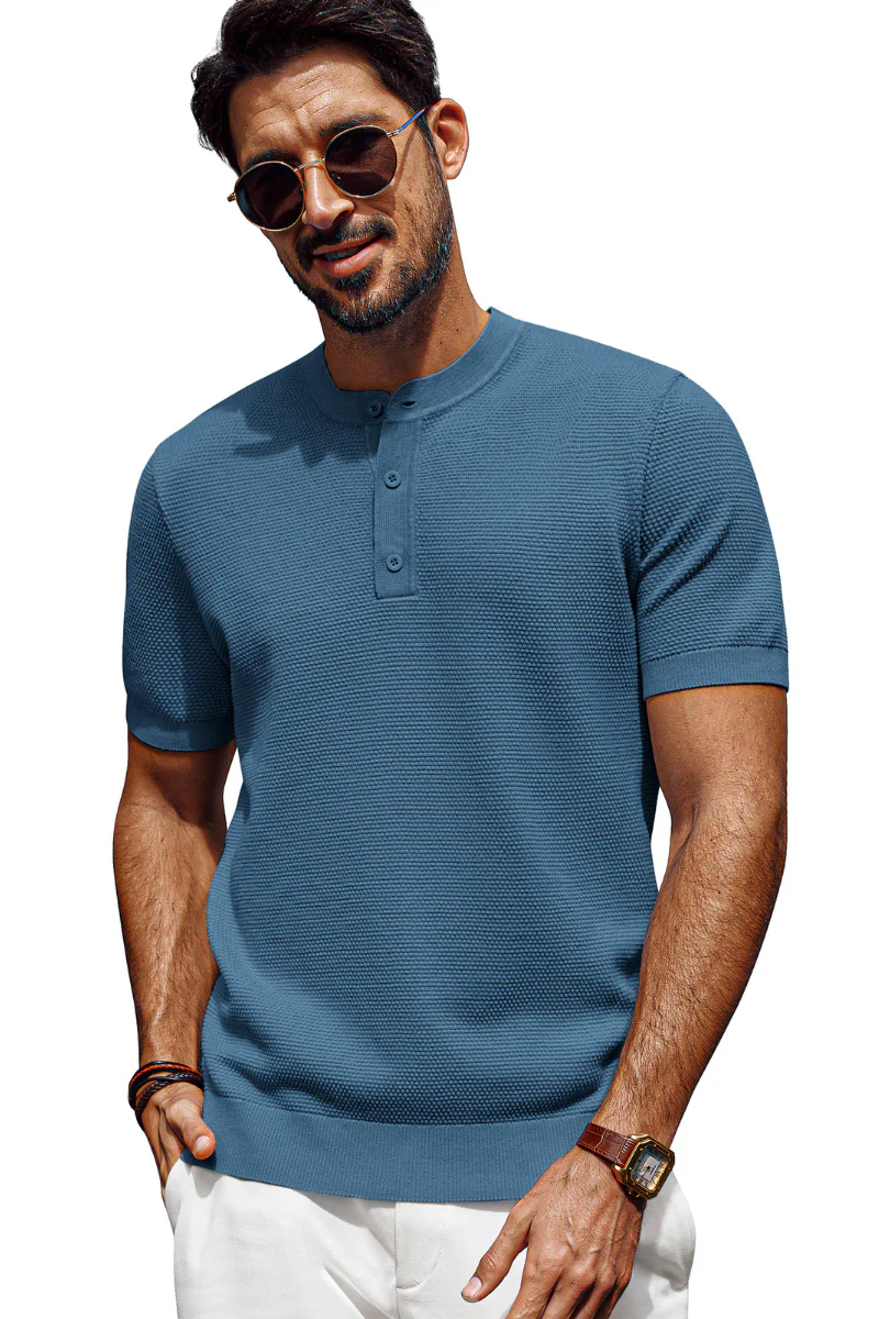 Men Pineapple Textured Henley Shirt Short Sleeve Straight Knitted Tops - Image 43