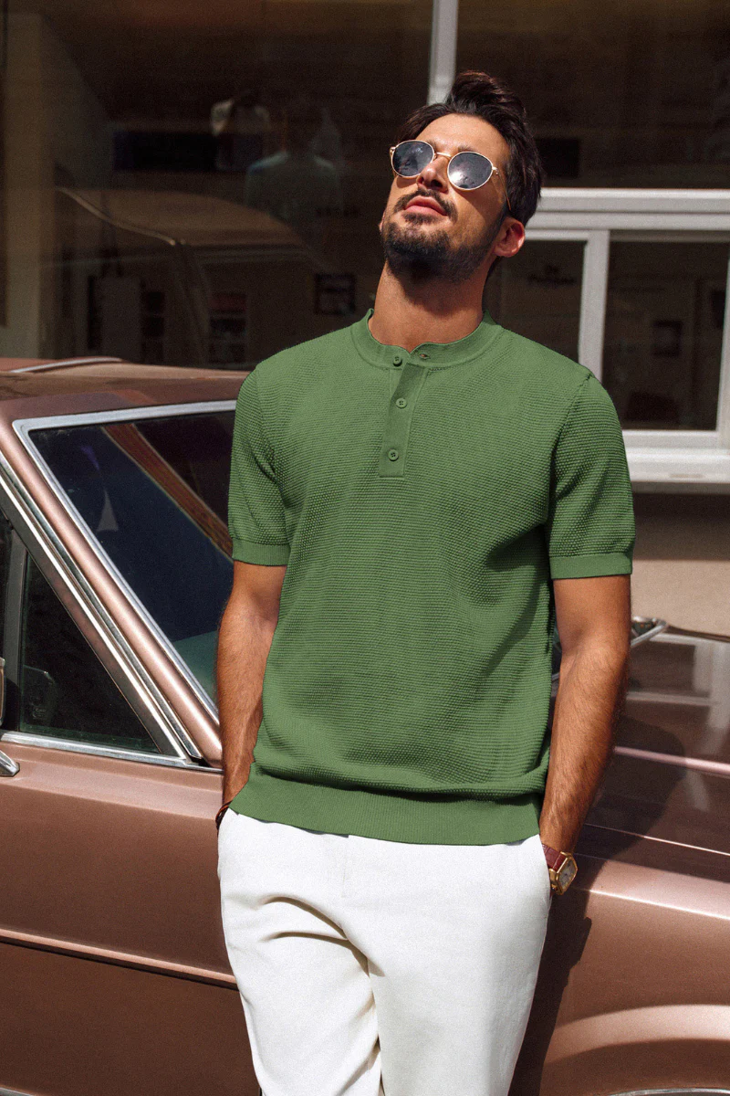Men Pineapple Textured Henley Shirt Short Sleeve Straight Knitted Tops - Image 55