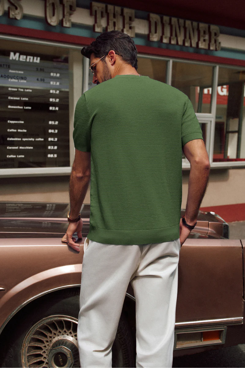 Men Pineapple Textured Henley Shirt Short Sleeve Straight Knitted Tops - Image 57