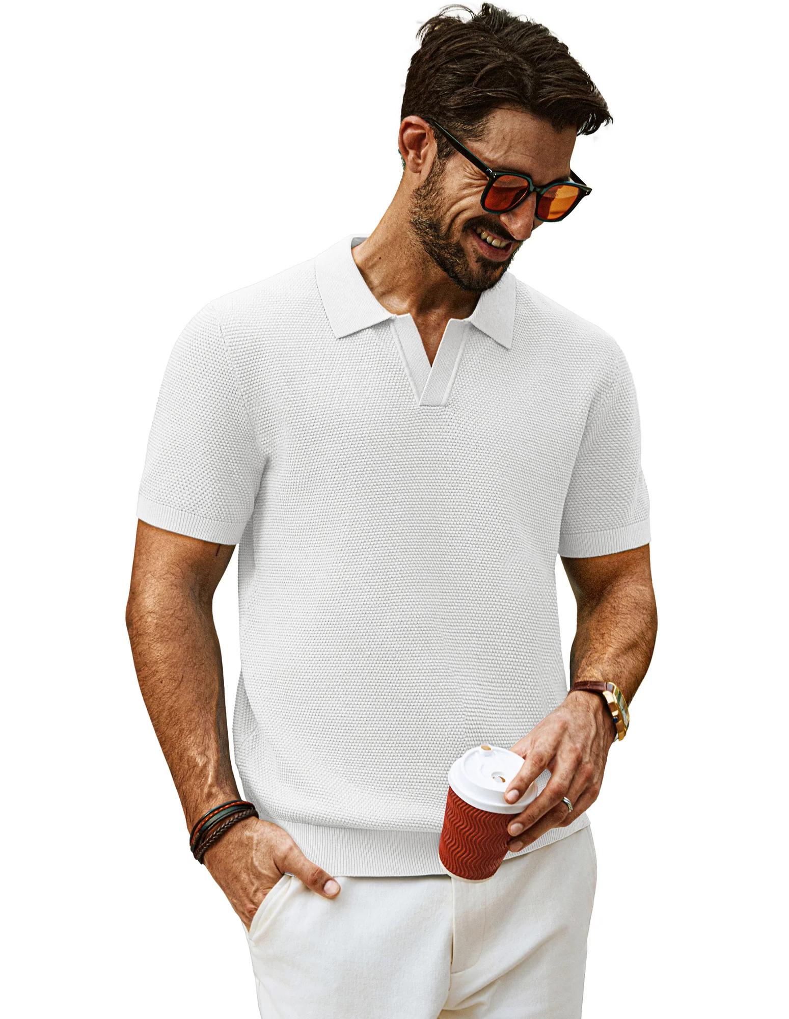 Men Pineapple Textured Polo-Shirt Short Sleeve Lapel Collar Knitwear Tops - Image 3