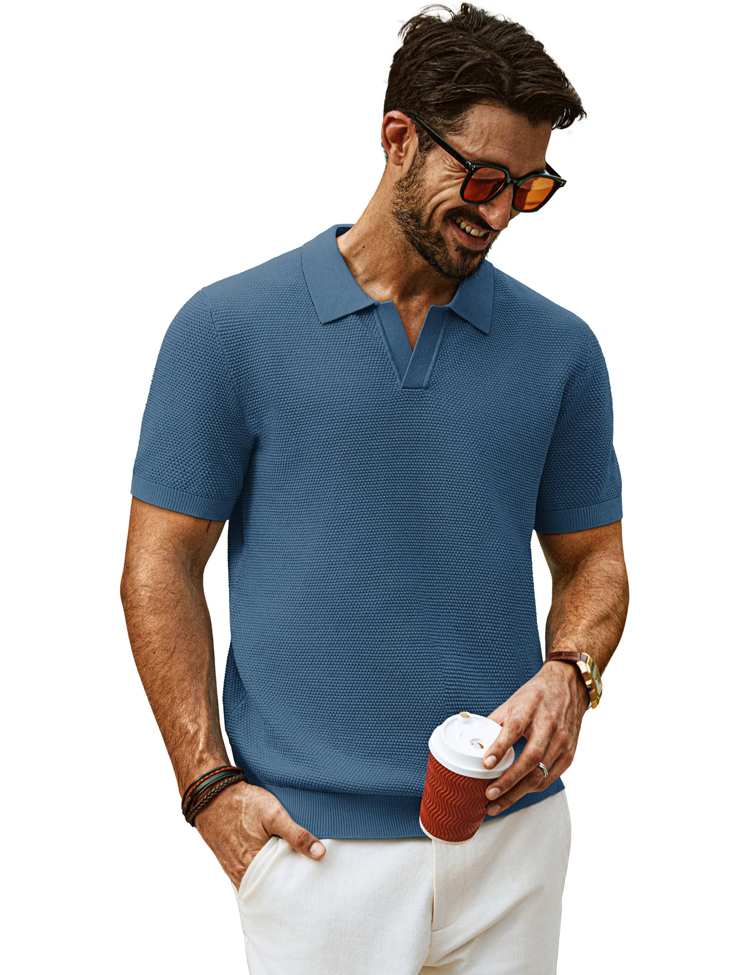 Men Pineapple Textured Polo-Shirt Short Sleeve Lapel Collar Knitwear Tops - Image 41