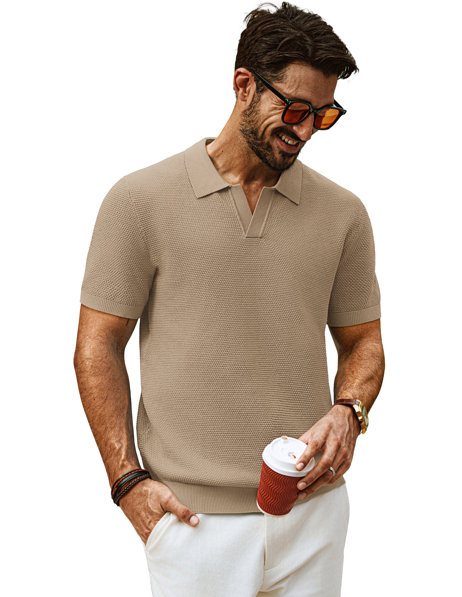Men Pineapple Textured Polo-Shirt Short Sleeve Lapel Collar Knitwear Tops - Image 56