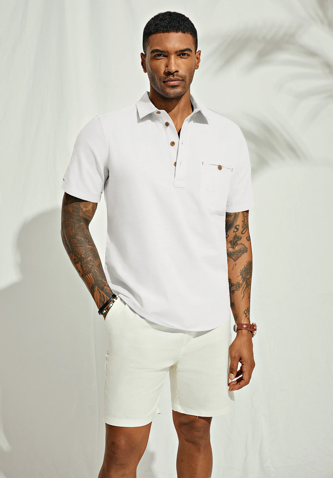 Men Pullover Shirt Casual Short Sleeve Lapel Collar Button-up Neck Tops - Image 11