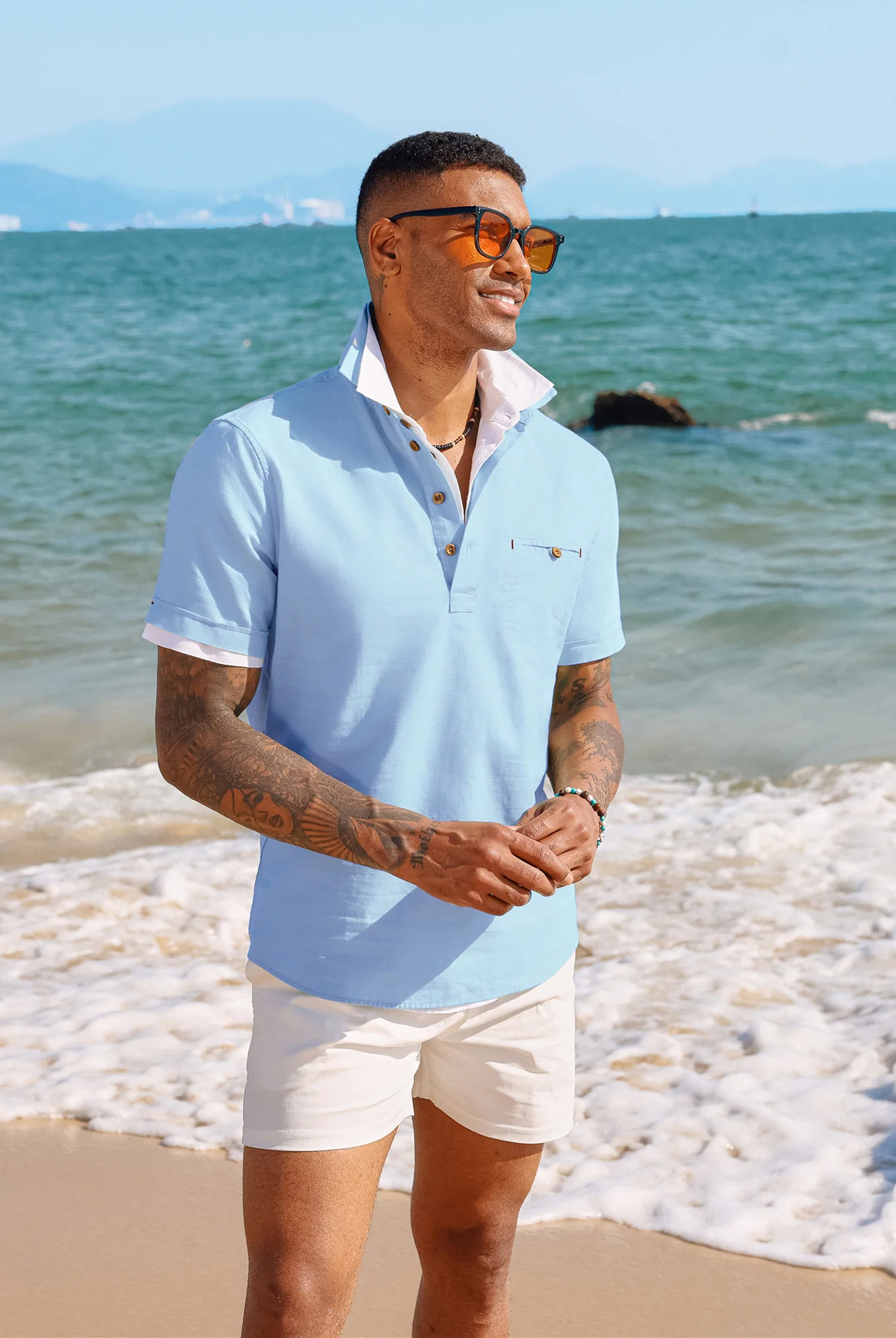 Men Pullover Shirt Casual Short Sleeve Lapel Collar Button-up Neck Tops - Image 18