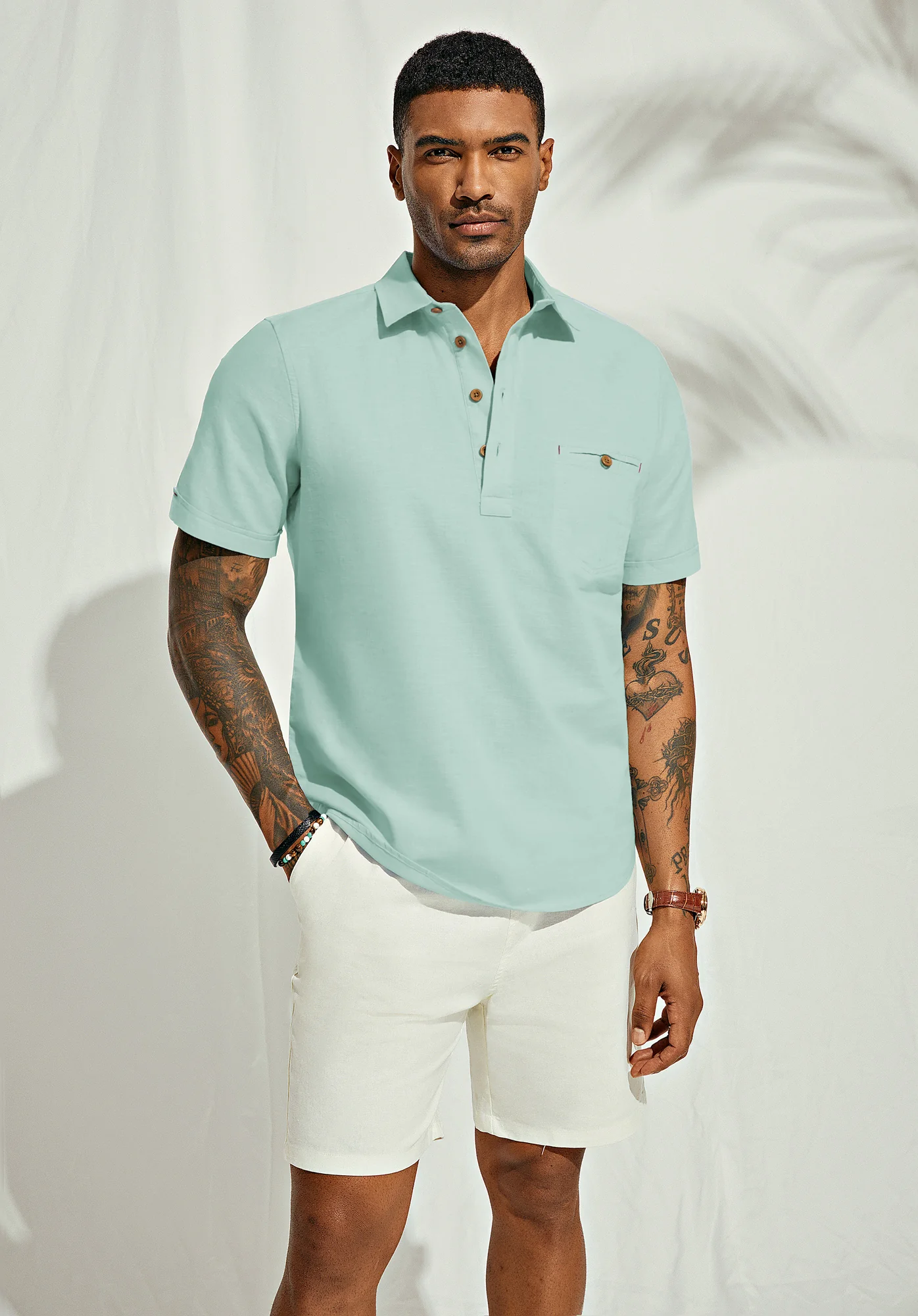 Men Pullover Shirt Casual Short Sleeve Lapel Collar Button-up Neck Tops - Image 25