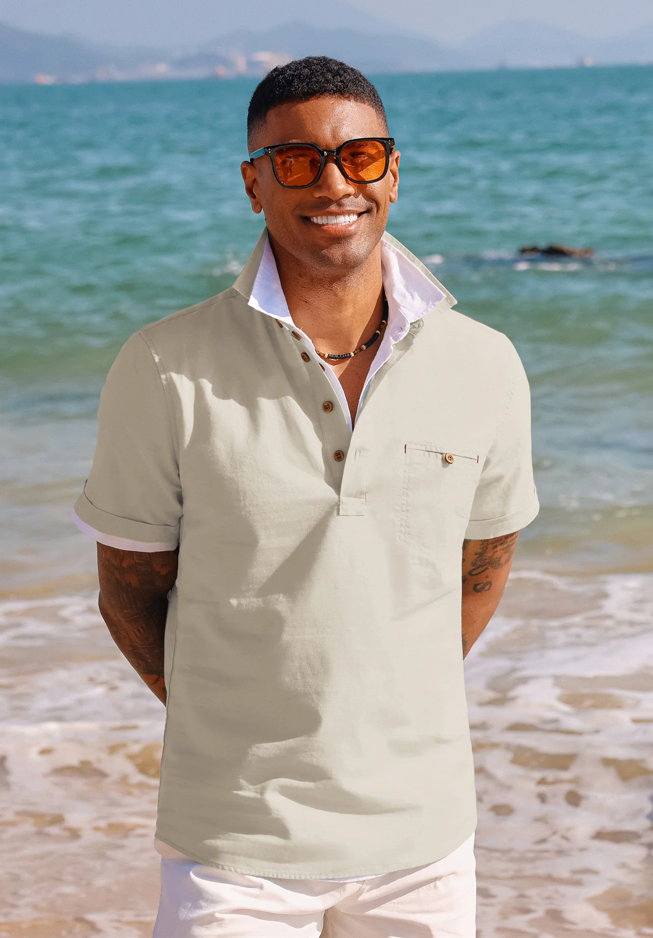 Men Pullover Shirt Casual Short Sleeve Lapel Collar Button-up Neck Tops - Image 33