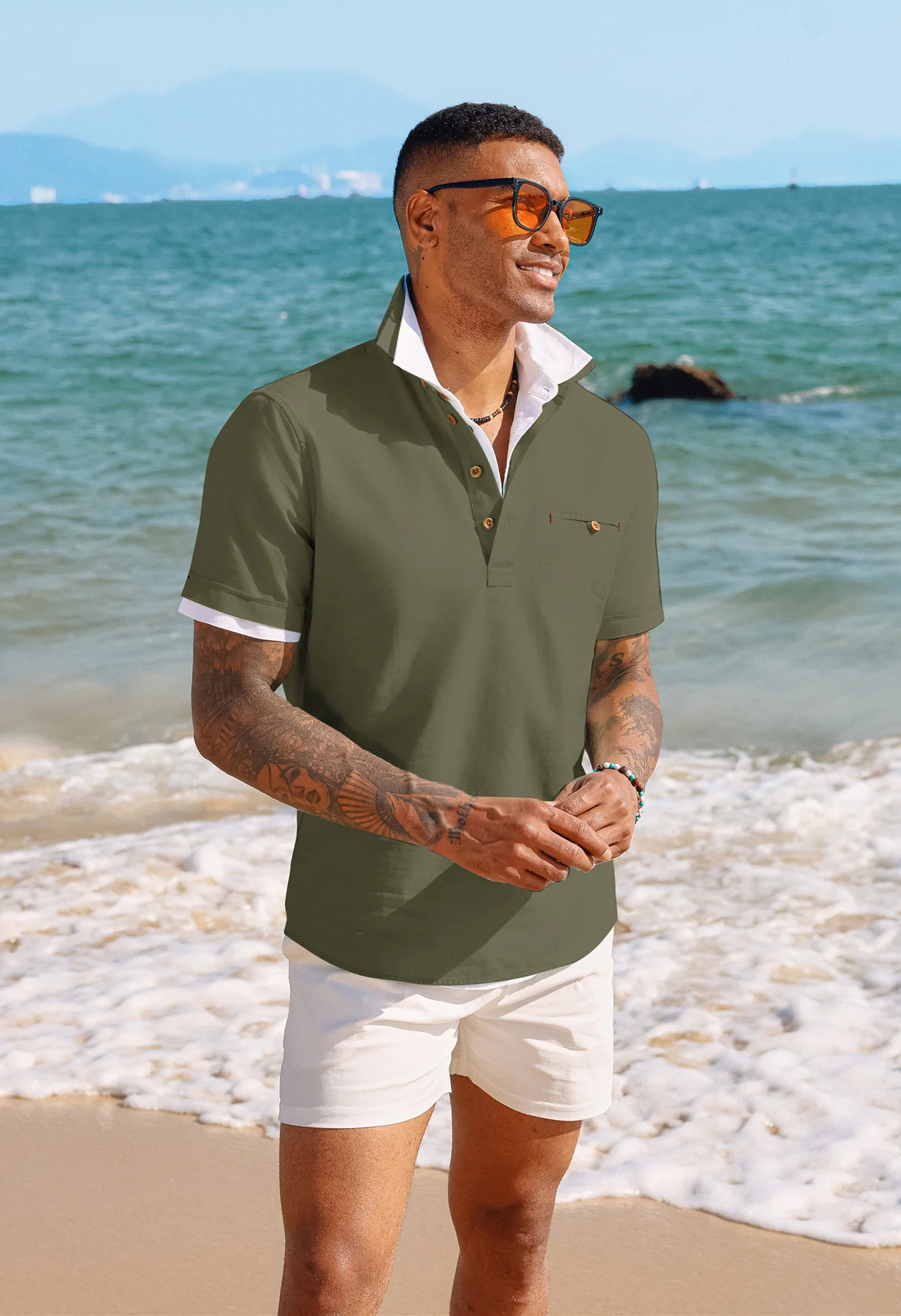 Men Pullover Shirt Casual Short Sleeve Lapel Collar Button-up Neck Tops - Image 39