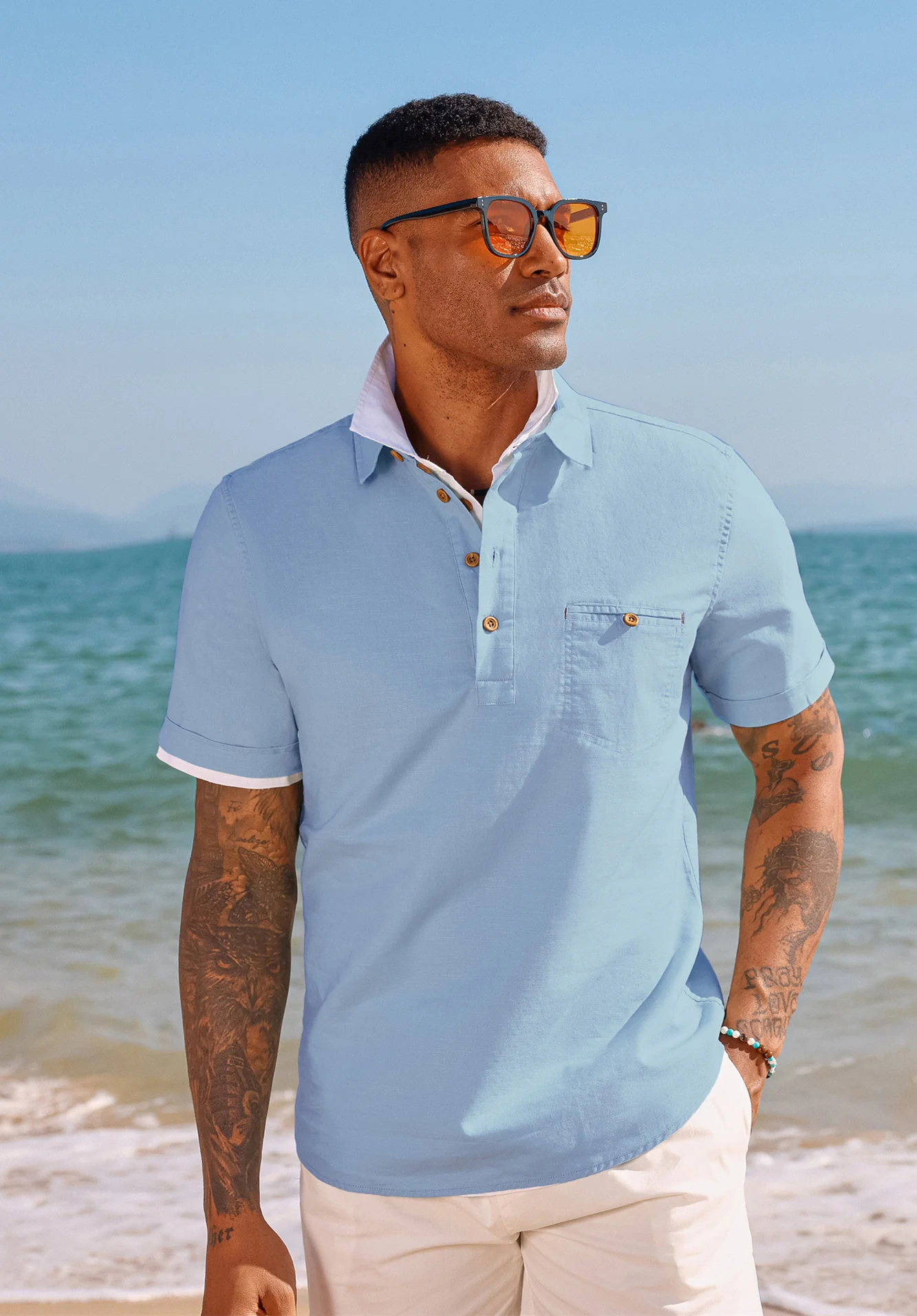 Men Pullover Shirt Casual Short Sleeve Lapel Collar Button-up Neck Tops - Image 47