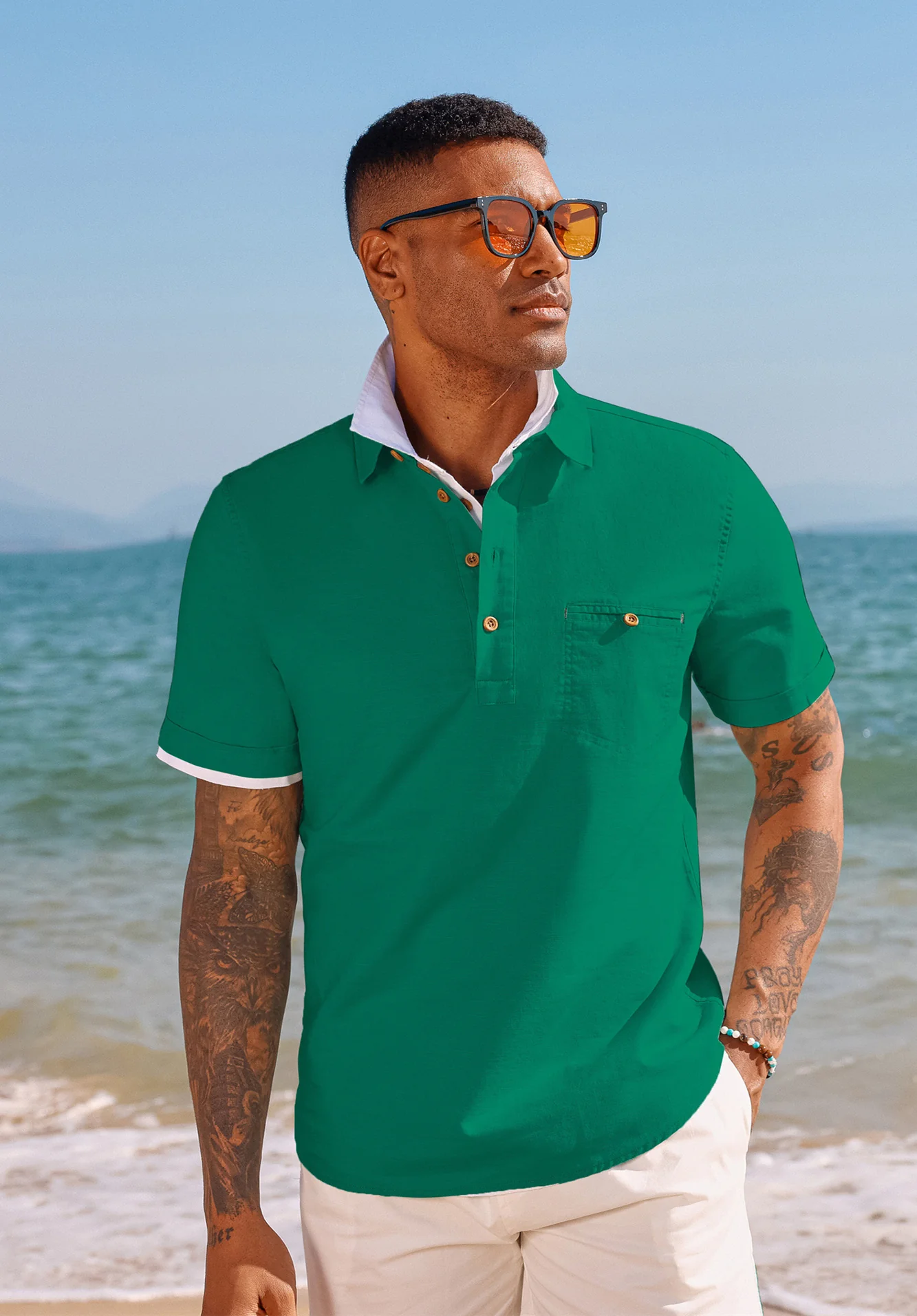 Men Pullover Shirt Casual Short Sleeve Lapel Collar Button-up Neck Tops - Image 52