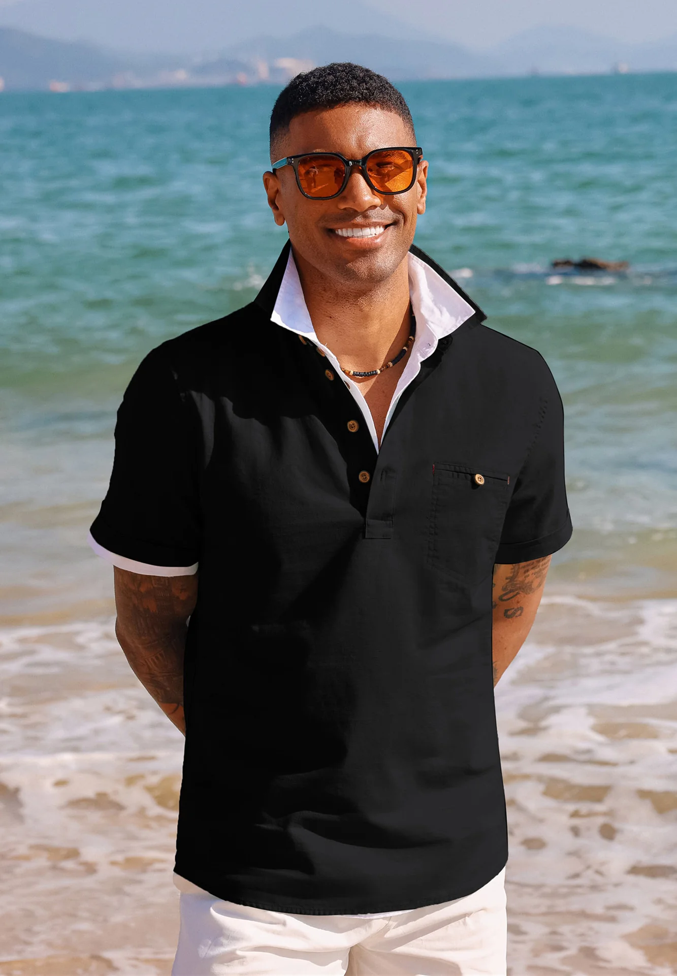 Men Pullover Shirt Casual Short Sleeve Lapel Collar Button-up Neck Tops - Image 6
