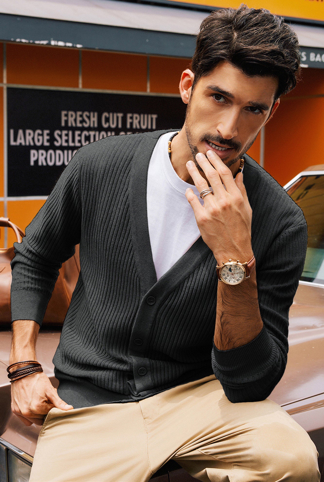 Men Ribbed Knitted Cardigan Long Sleeve V-Neck Button-up Sweater Knitwear - Image 22