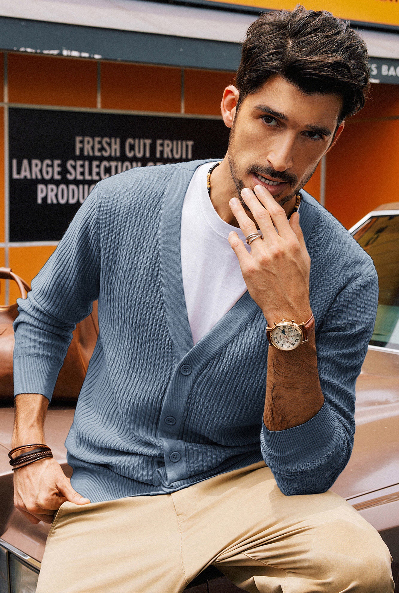 Men Ribbed Knitted Cardigan Long Sleeve V-Neck Button-up Sweater Knitwear - Image 47