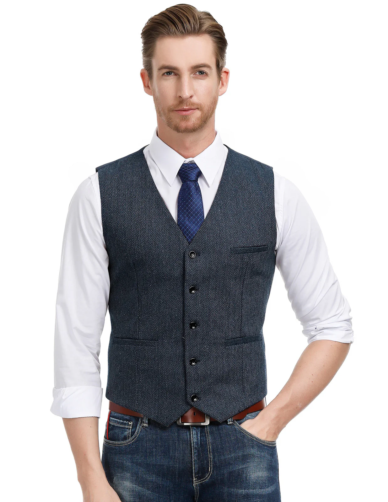 Men’s Slim Fit V-Neck Single Breasted Handkerchief Hem Waistcoat Vest Coat - Image 18