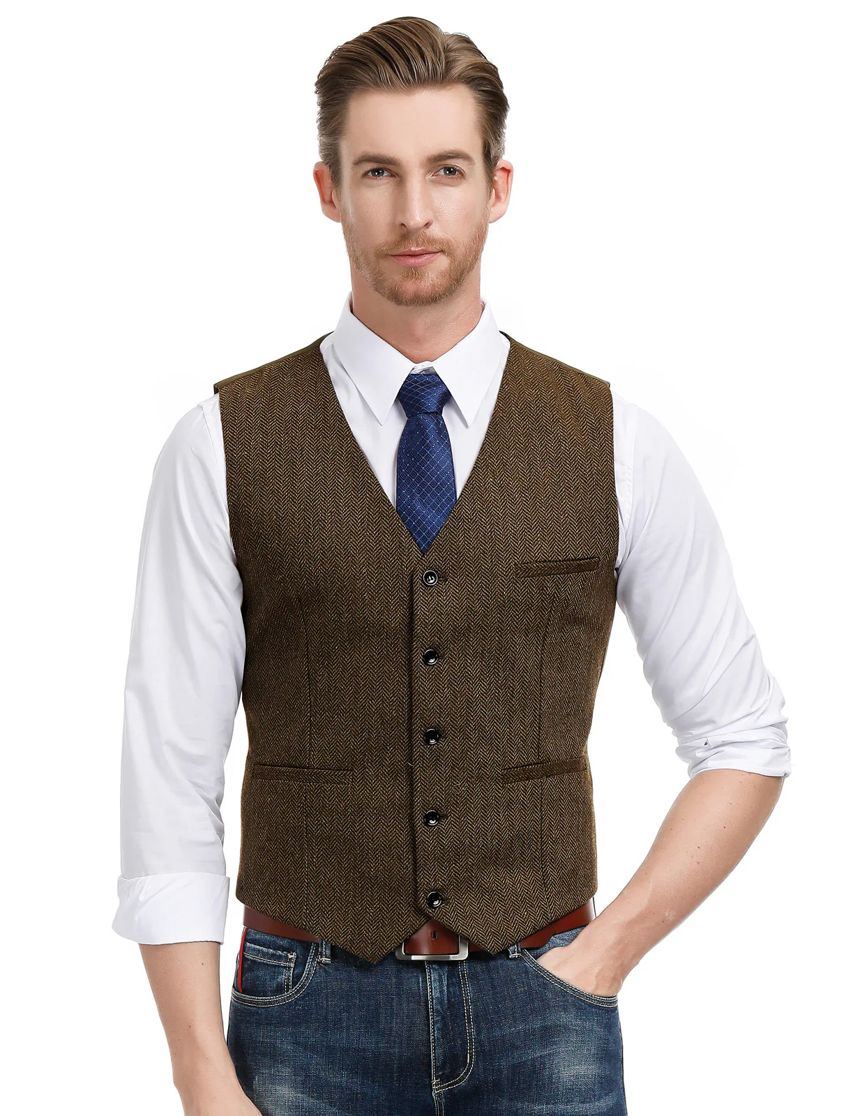 Men’s Slim Fit V-Neck Single Breasted Handkerchief Hem Waistcoat Vest Coat - Image 25