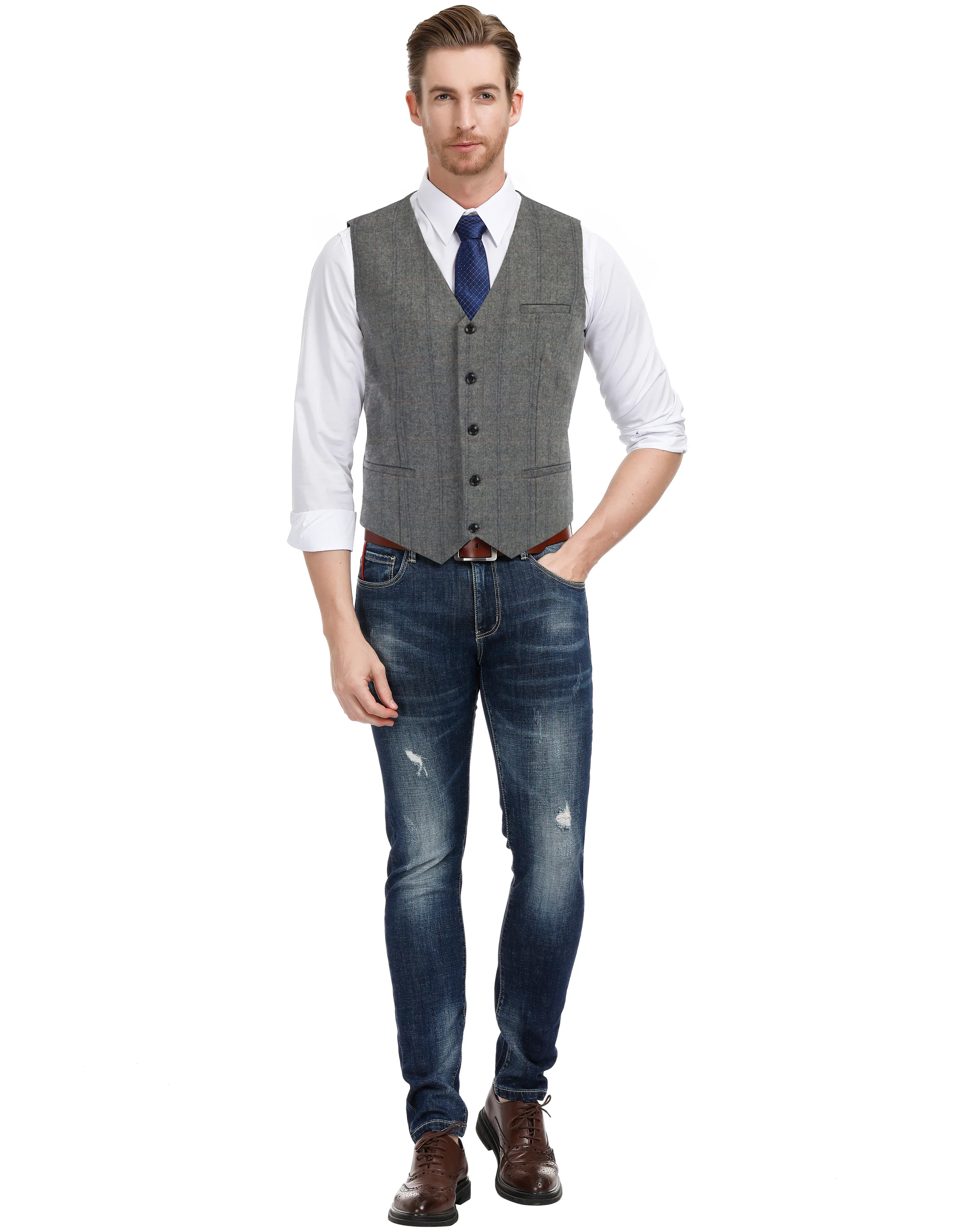 Men’s Slim Fit V-Neck Single Breasted Handkerchief Hem Waistcoat Vest Coat - Image 54