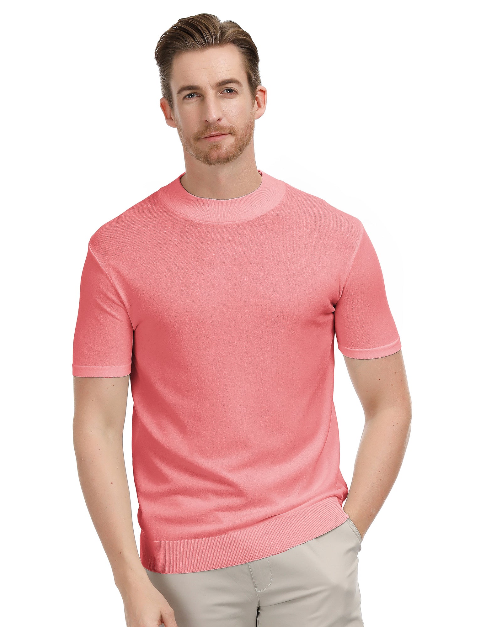 Mens Mock Turtleneck Knit Pullover Sweater Short Sleeve Solid Knitwear Sweaters - Image 22