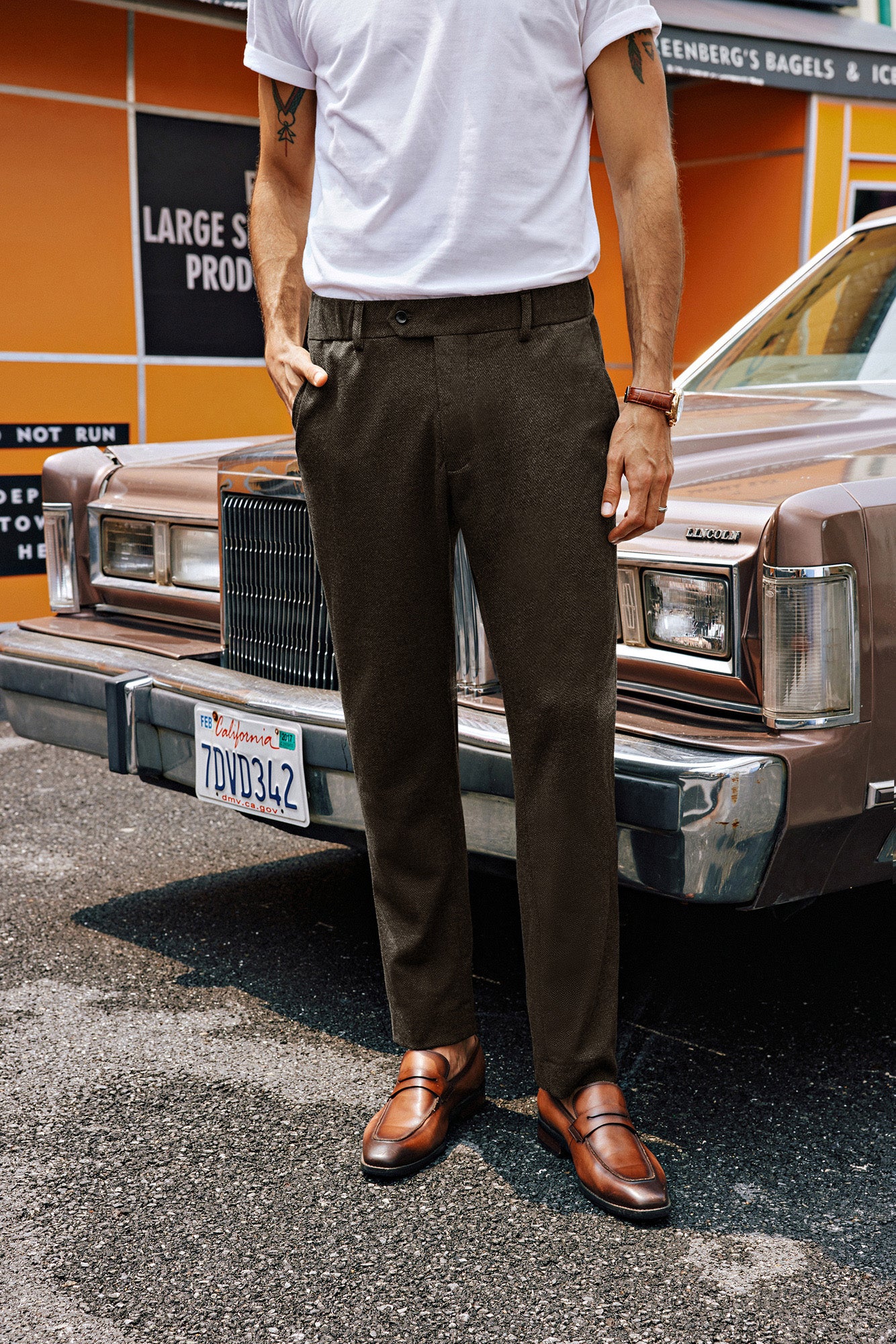 Men Skinny Trousers Elastic Waist Herringbone Pattern Multi-Pocket Pants - Image 13