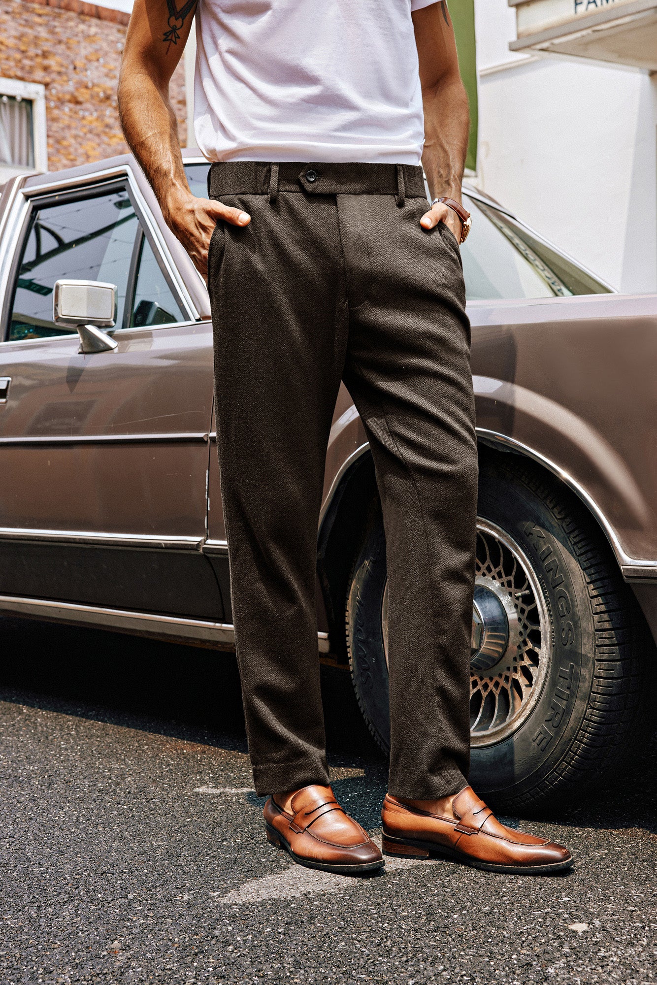Men Skinny Trousers Elastic Waist Herringbone Pattern Multi-Pocket Pants - Image 14