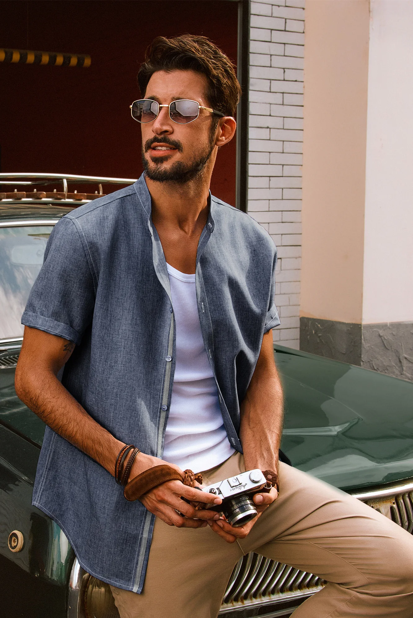 Men Stand Collar Shirt Casual Short Sleeve Curved Hem Button-up Tops - Image 14