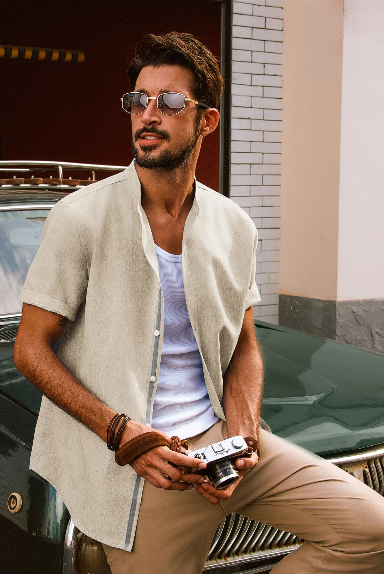 Men Stand Collar Shirt Casual Short Sleeve Curved Hem Button-up Tops - Image 18