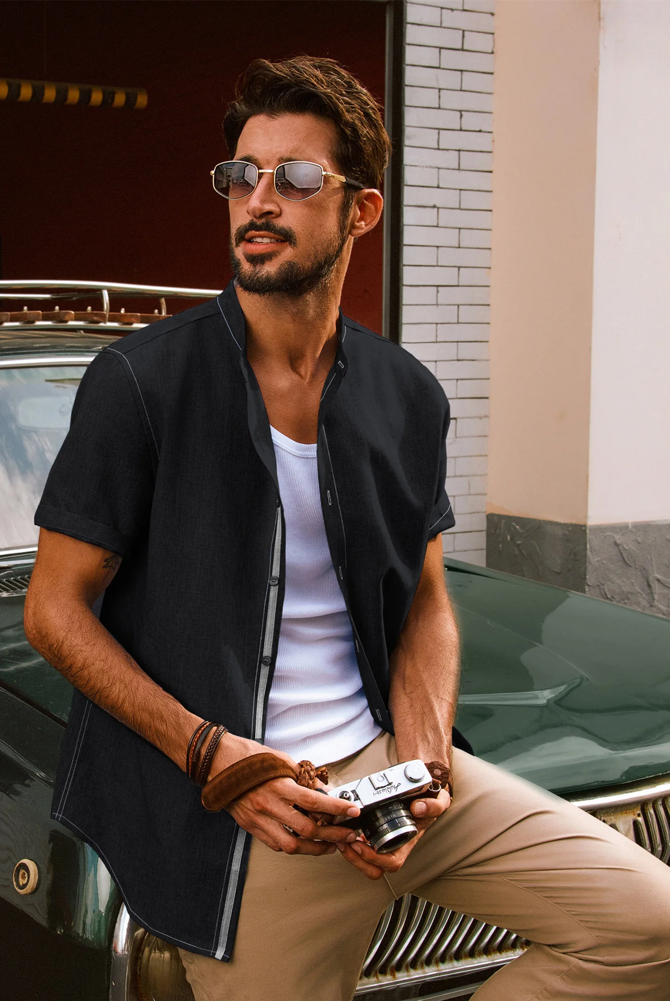 Men Stand Collar Shirt Casual Short Sleeve Curved Hem Button-up Tops - Image 2